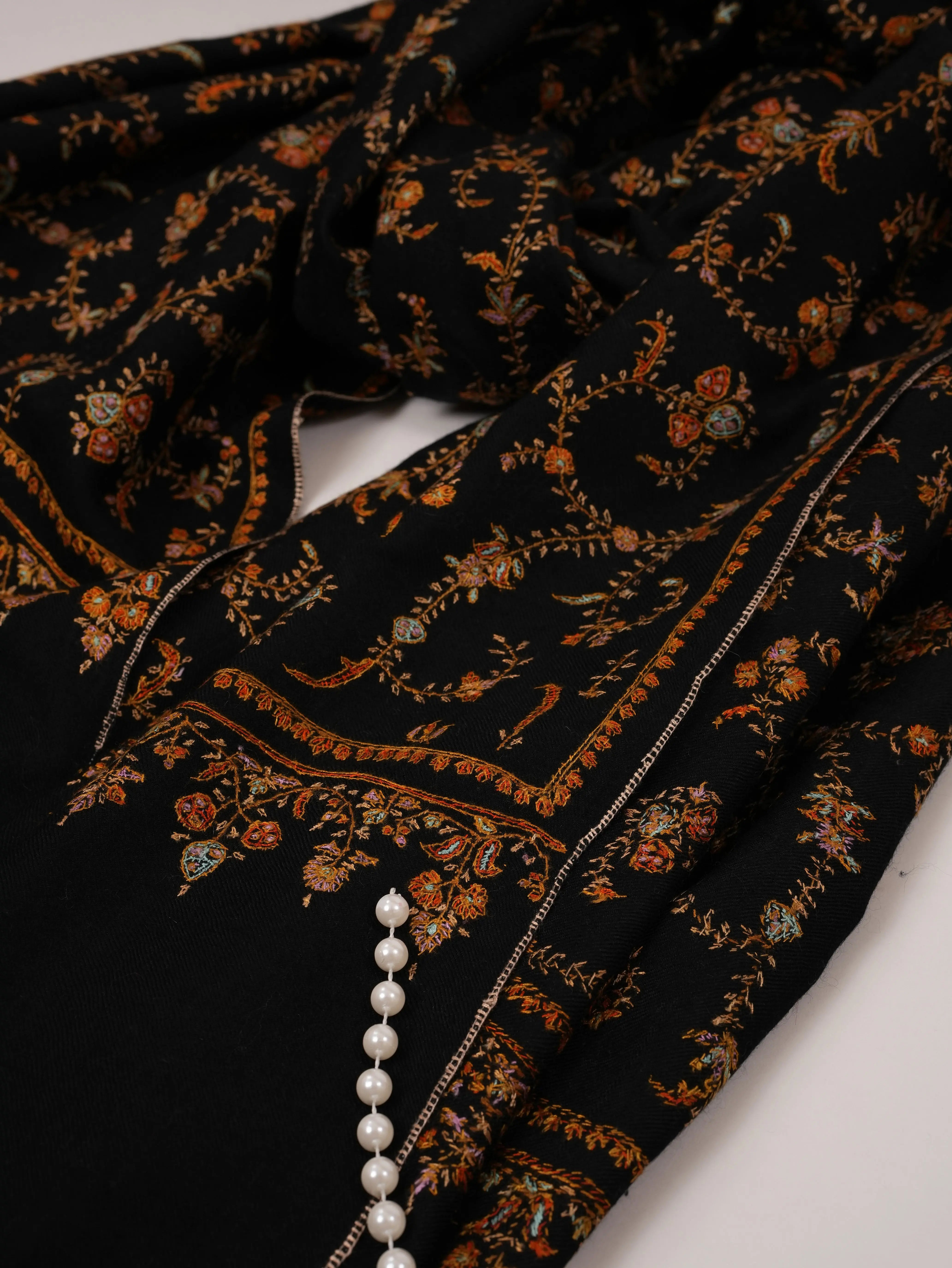 Black Handwoven Pashmina Shawl with Hand Embroidery Shahkaar.com