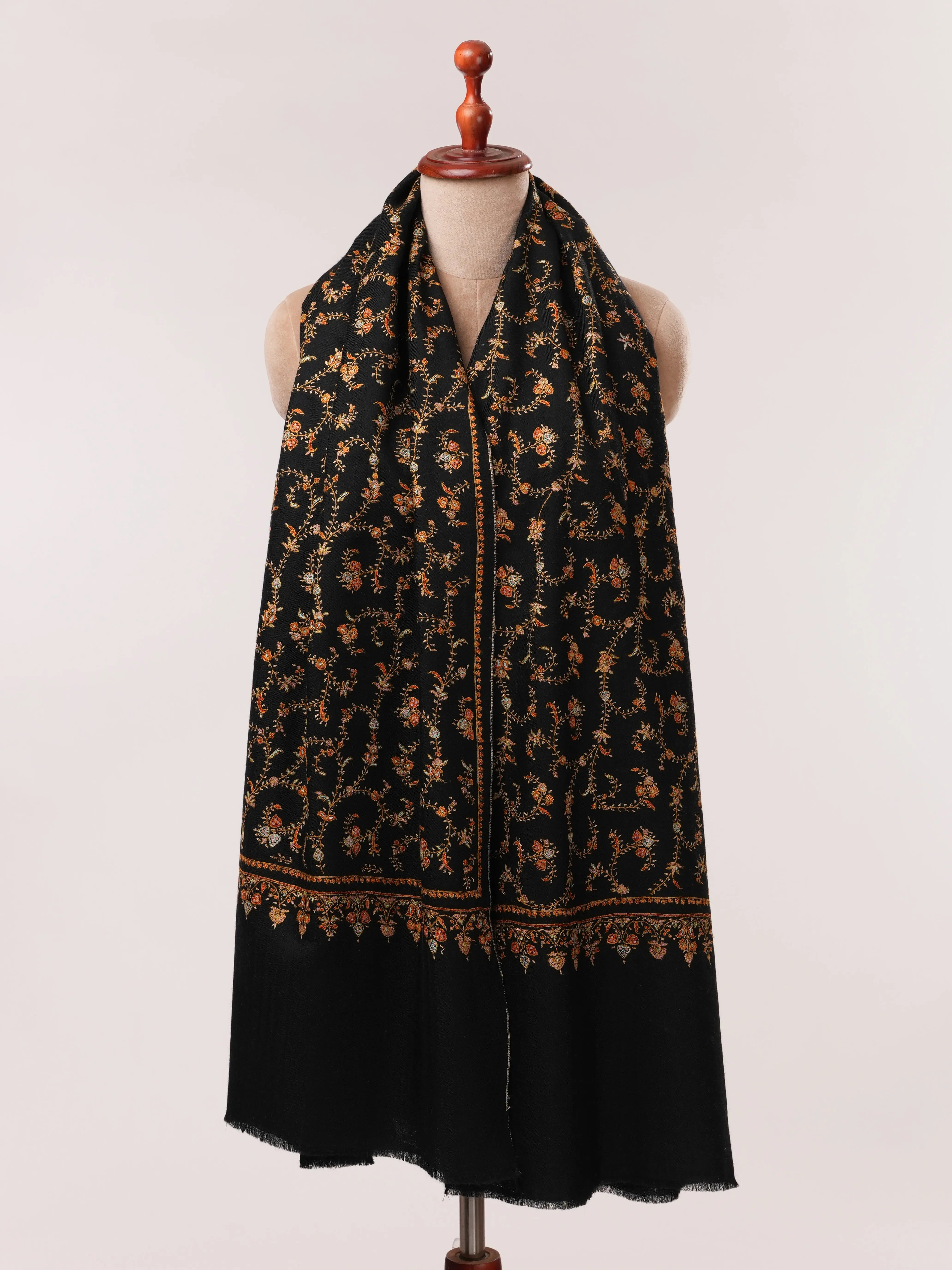 Black Handwoven Pashmina Shawl with Hand Embroidery Shahkaar.com