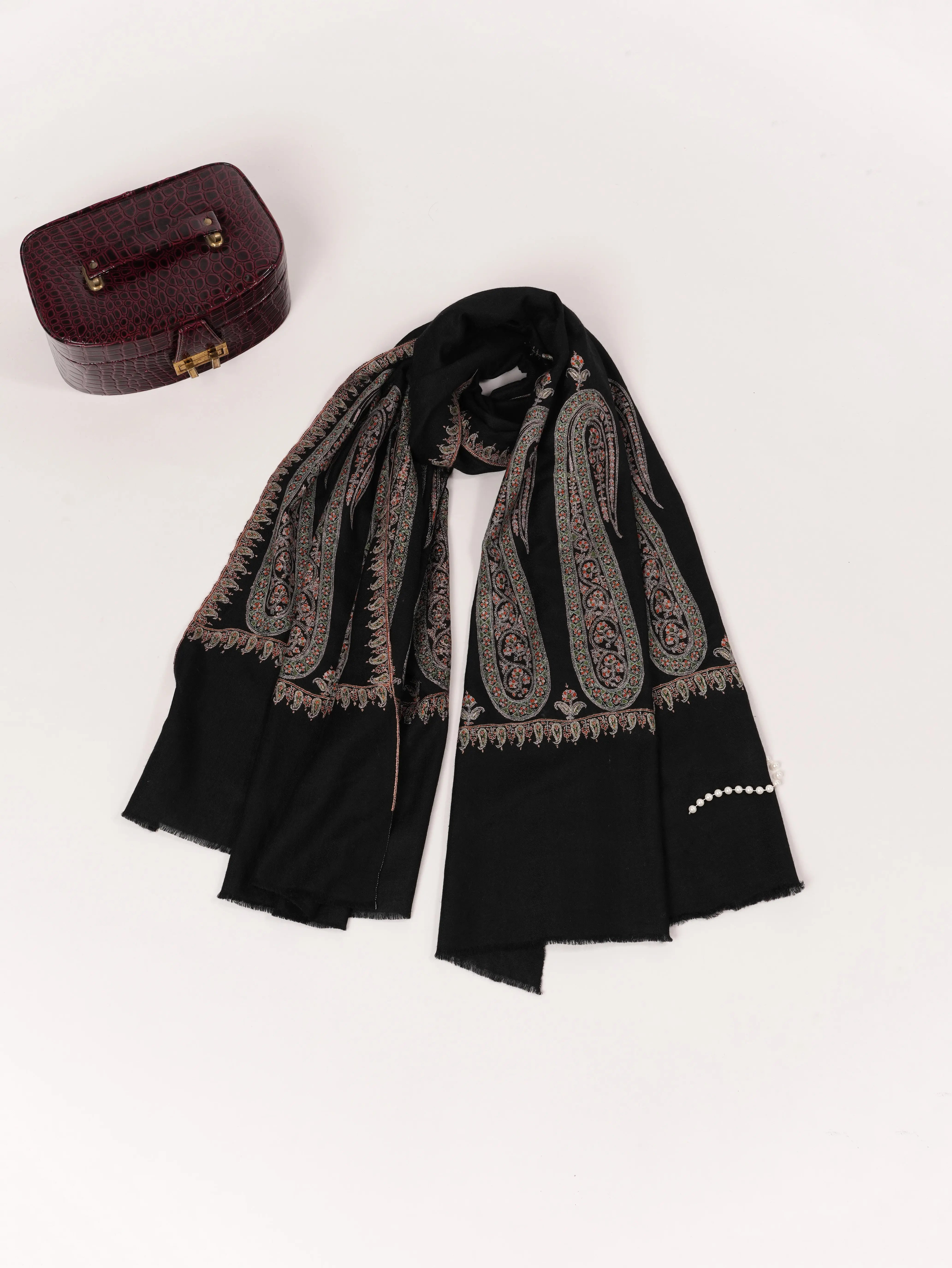 Paisley Palldar Handwoven Black Pashmina Shawl with Hand Sozni Embroidery Shahkaar.com