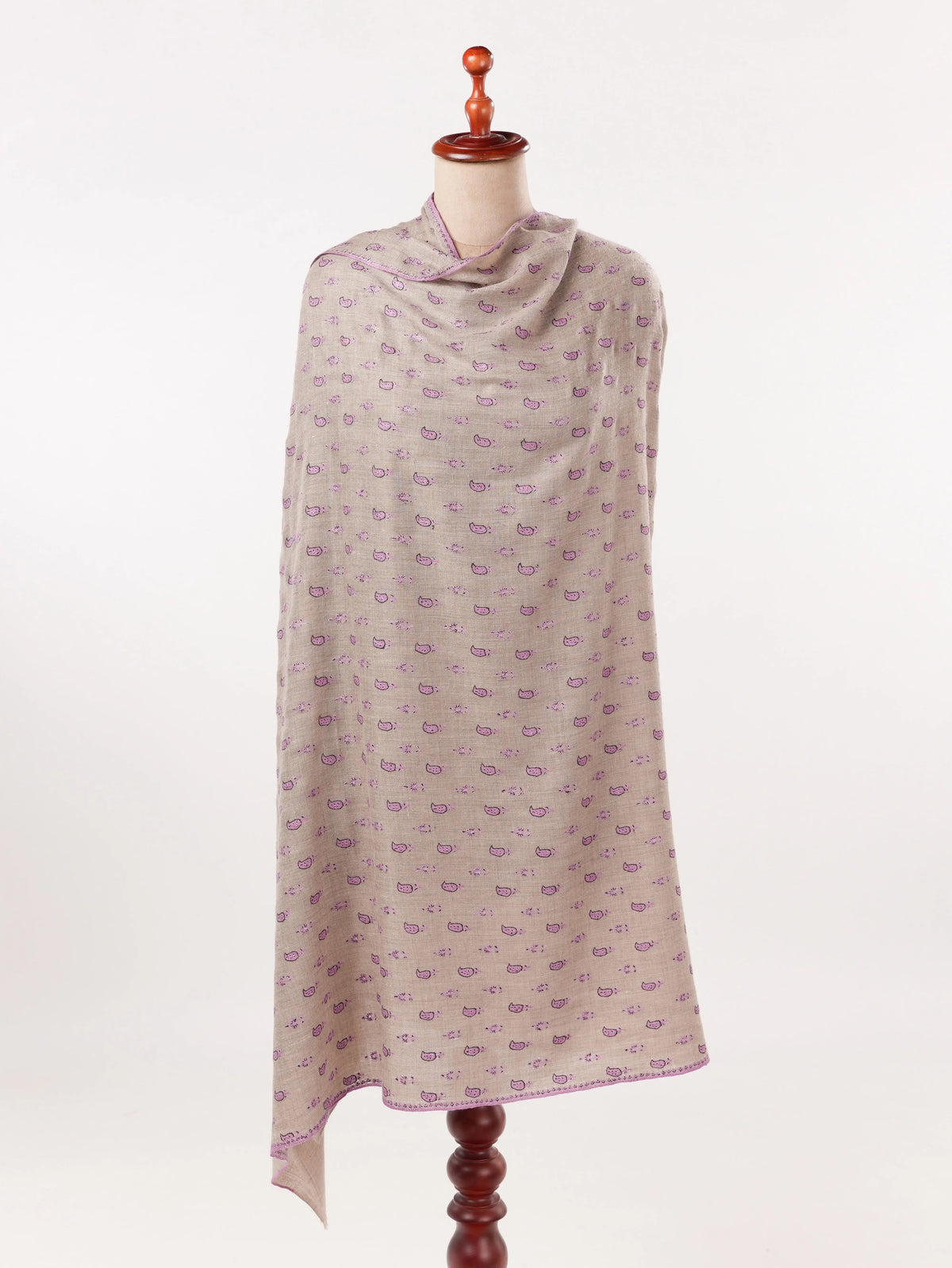 Natural Beige Pashmina Shawl with Small Paisley Hand Embroidery