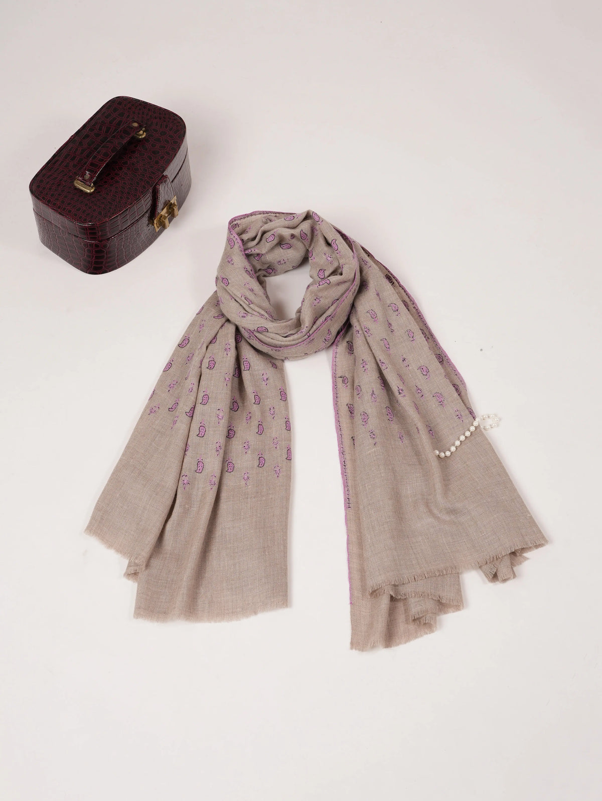 Natural Beige Pashmina Shawl with Small Paisley Hand Embroidery