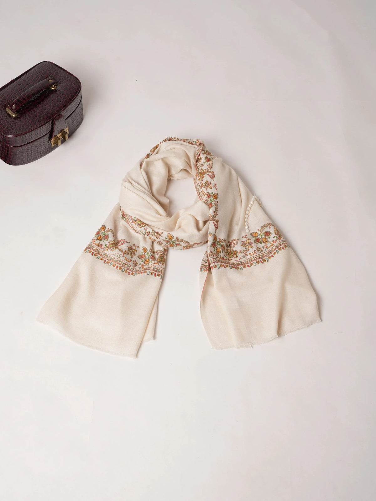 Natural Offwhite Soft Pashmina Shawl with Delicate Daurdar Sozni Embroidery