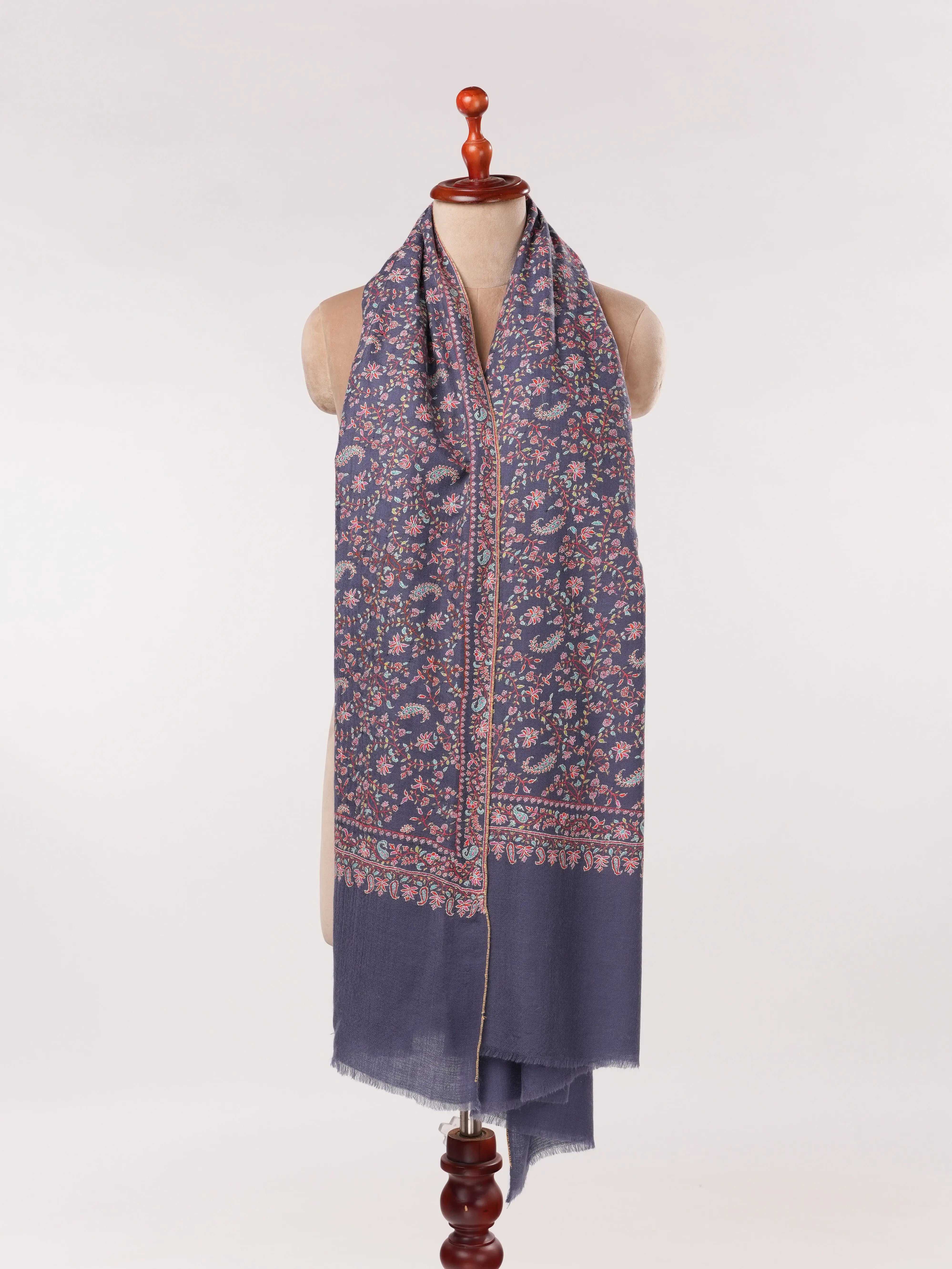 Handwoven Dark Slate Blue Pashmina Shawl with Jali Sozni Hand Embroidery Shahkaar.com