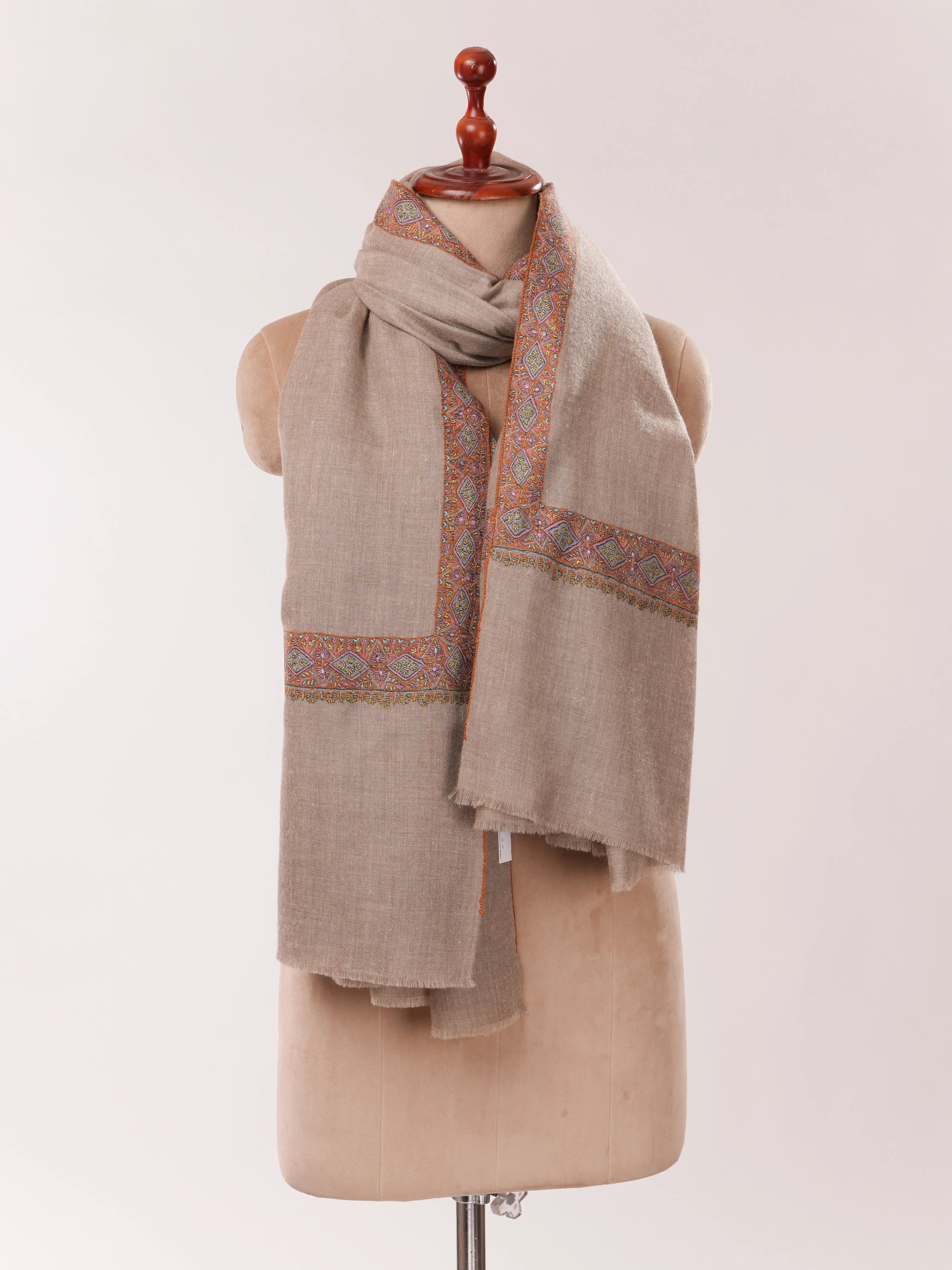 Natural Grey Pure Pashmina Shawl with Neemdaur Hand Embroidery Shahkaar.com