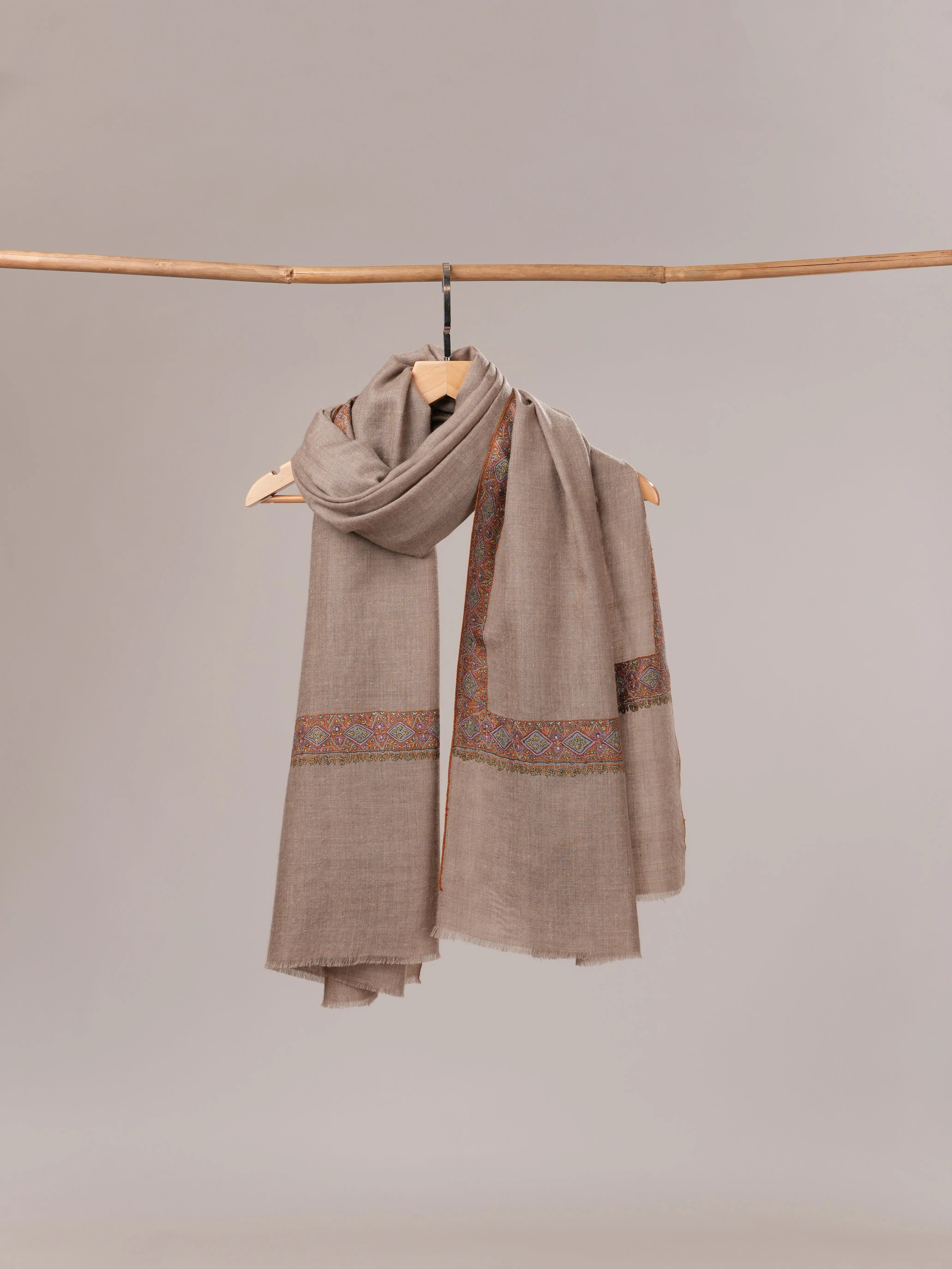 Natural Grey Pure Pashmina Shawl with Neemdaur Hand Embroidery Shahkaar.com