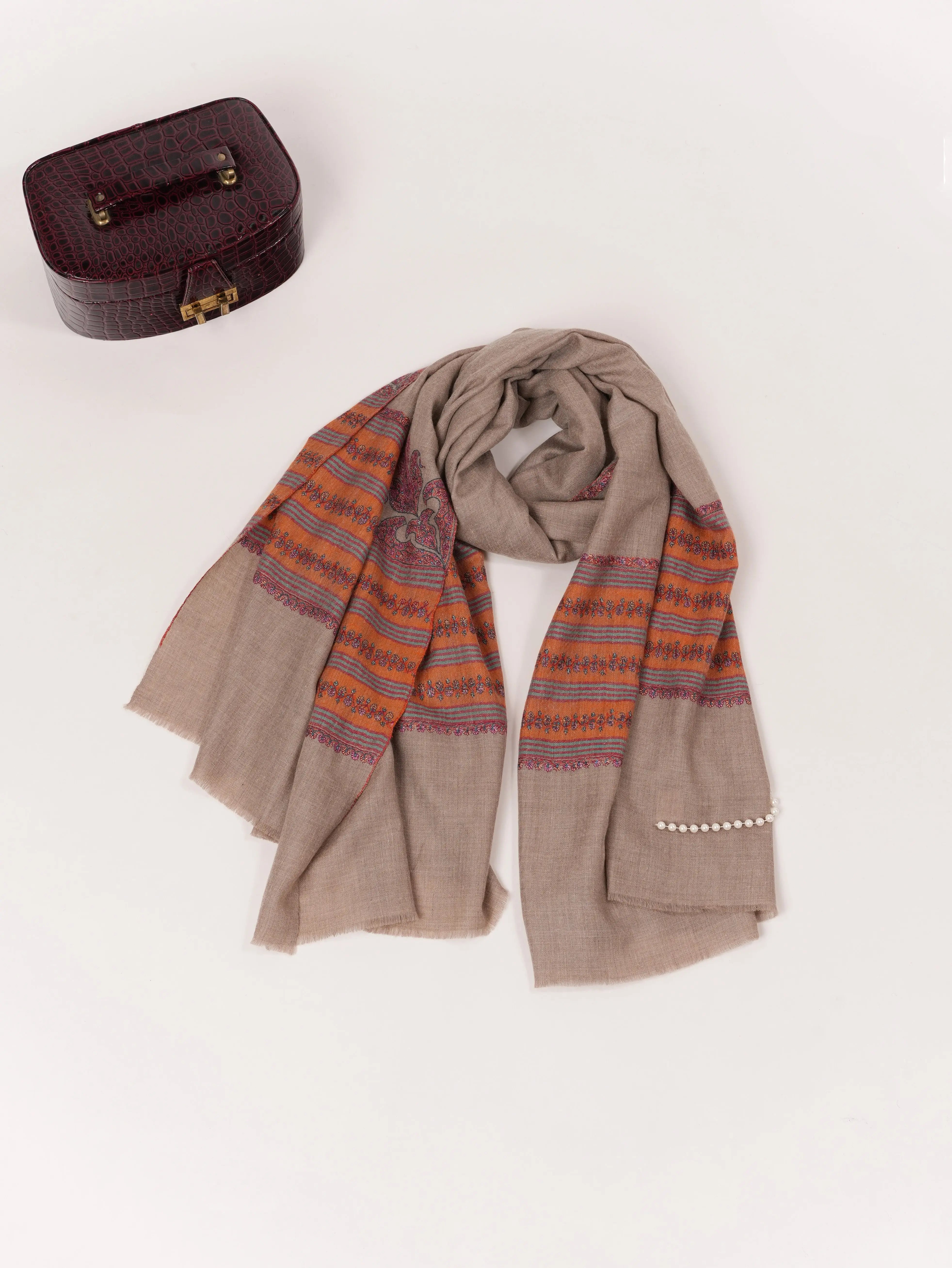 Handwoven Natural Taupe Palldar Pashmina Shawl with Sozni Hand Embroidery Shahkaar.com