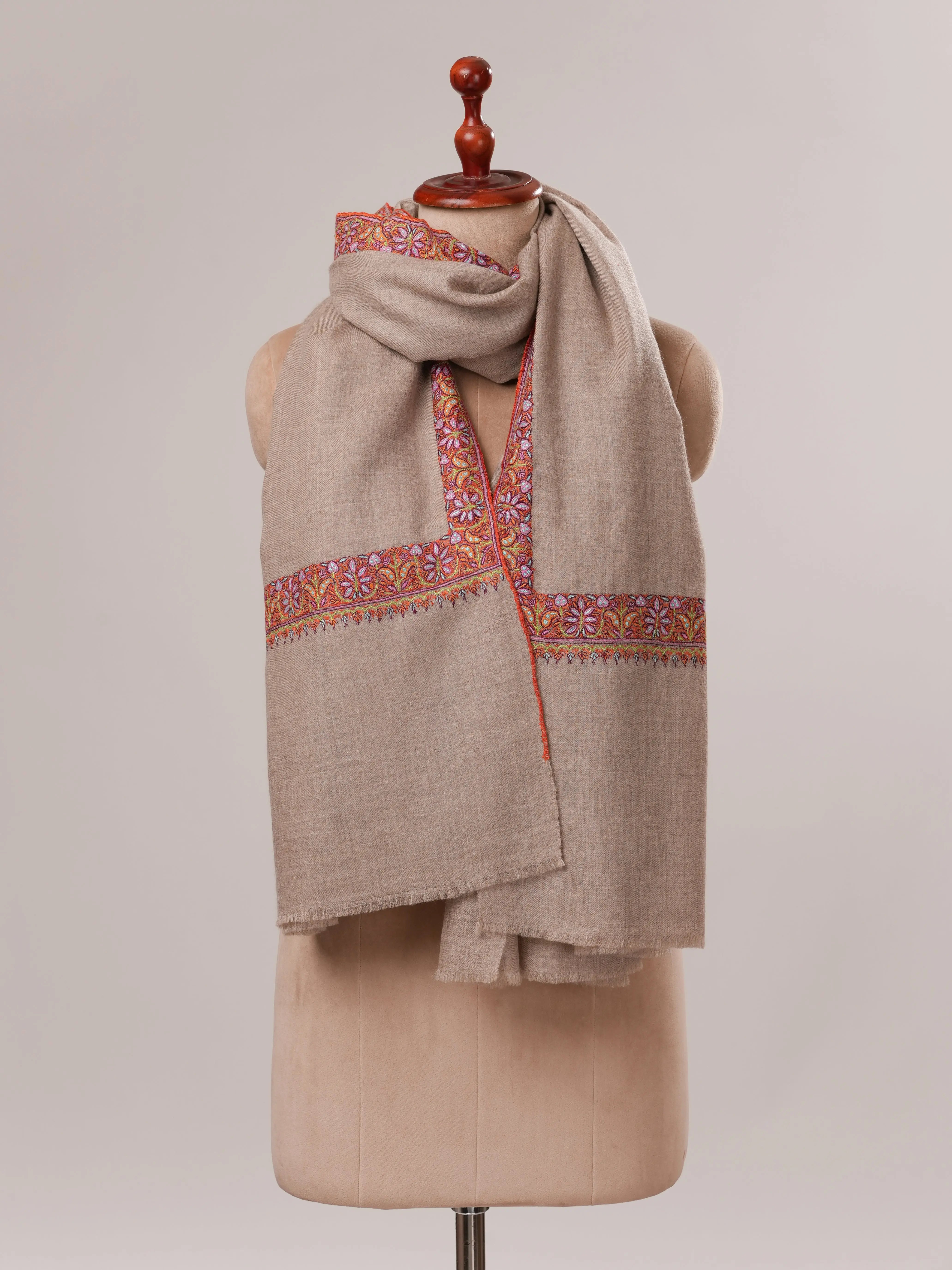 Natural Grey Pure Pashmina Shawl with Classic Neemdaur Hand Embroidery Shahkaar.com
