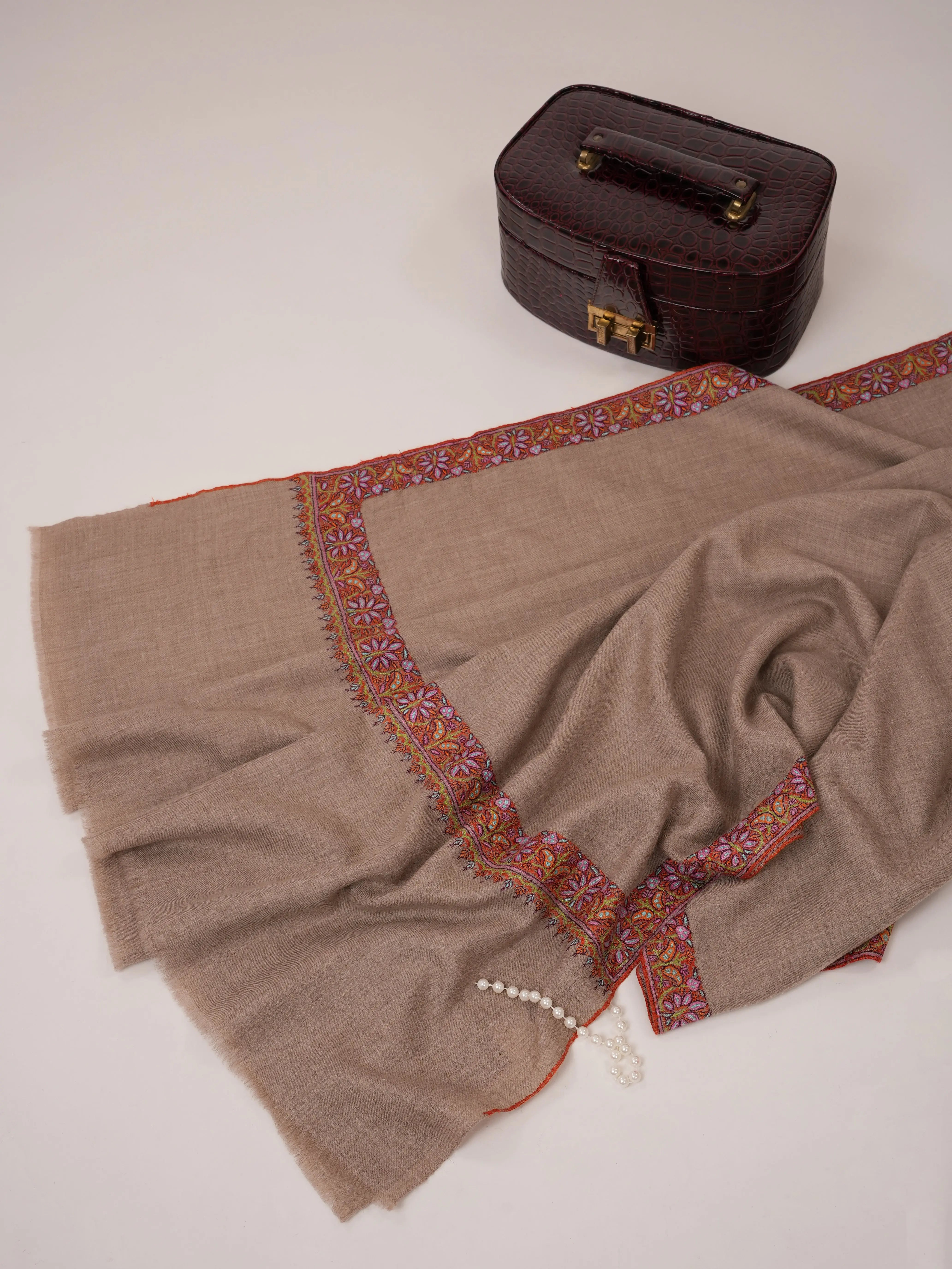 Natural Grey Pure Pashmina Shawl with Classic Neemdaur Hand Embroidery Shahkaar.com