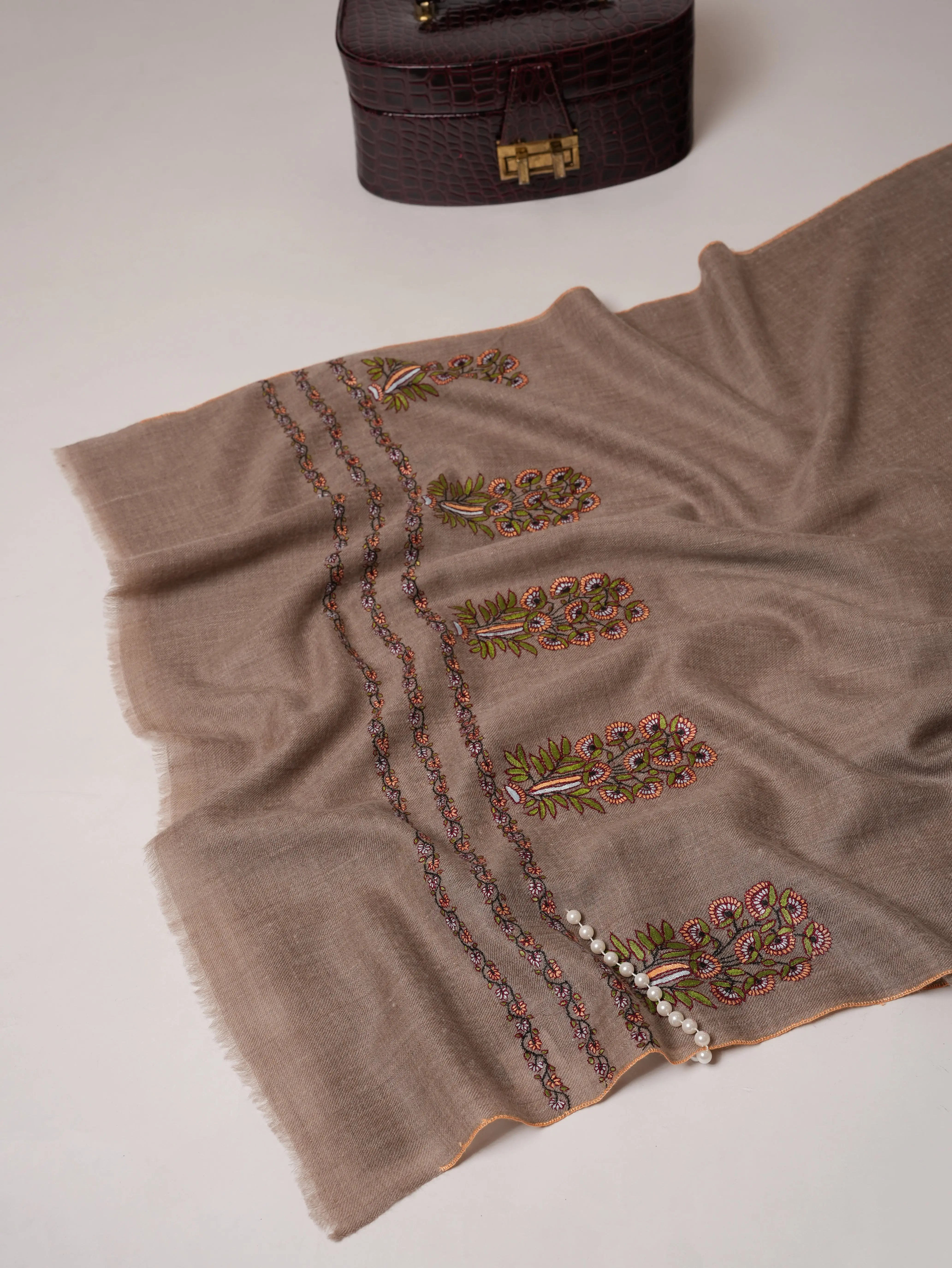 Soft Cashmere Scarf with Palla Mughal Hand Embroidery Shahkaar.com