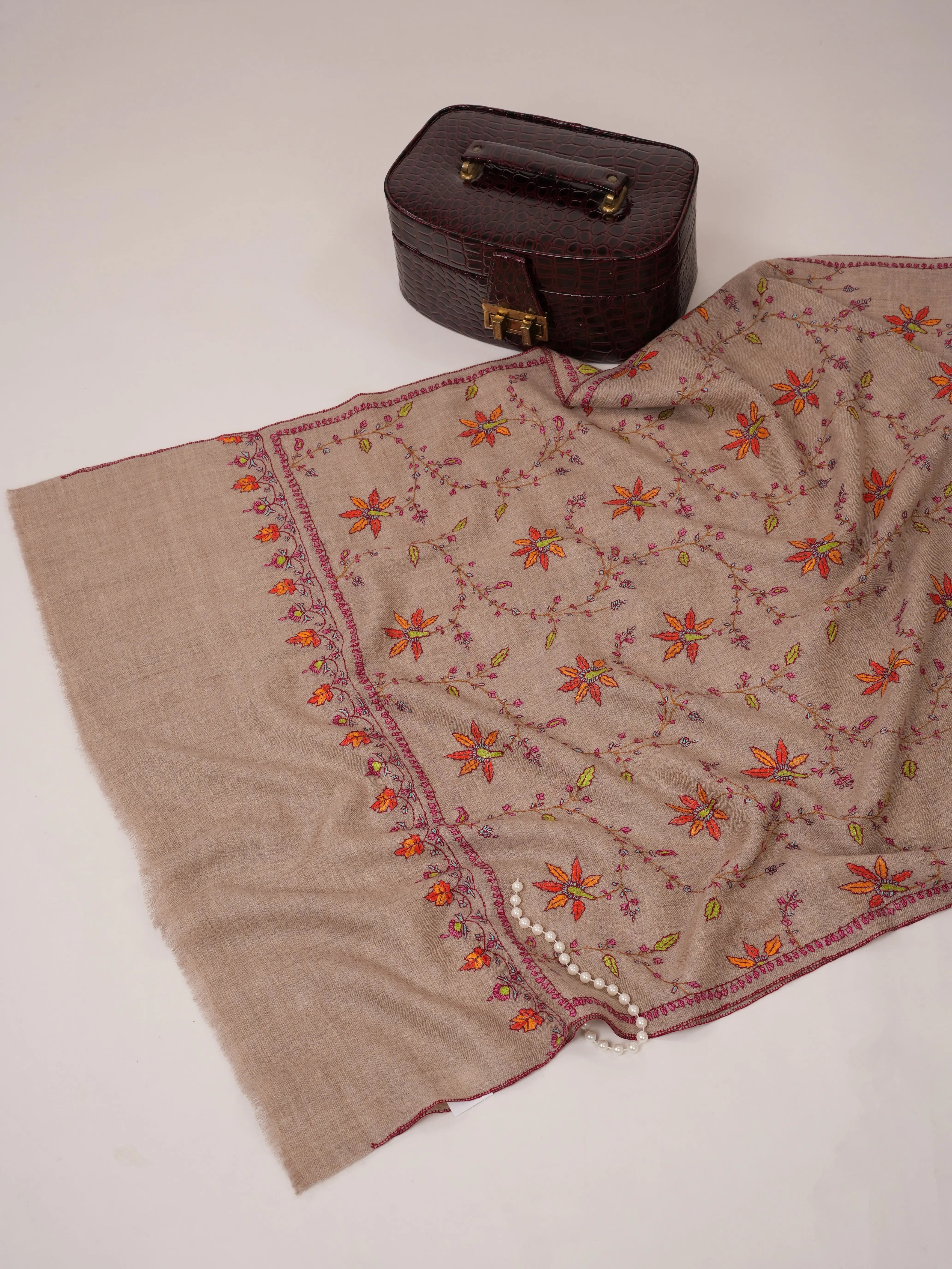 Natural Grey Cashmere Scarf with Floral Jali Hand Embroidery Shahkaar.com