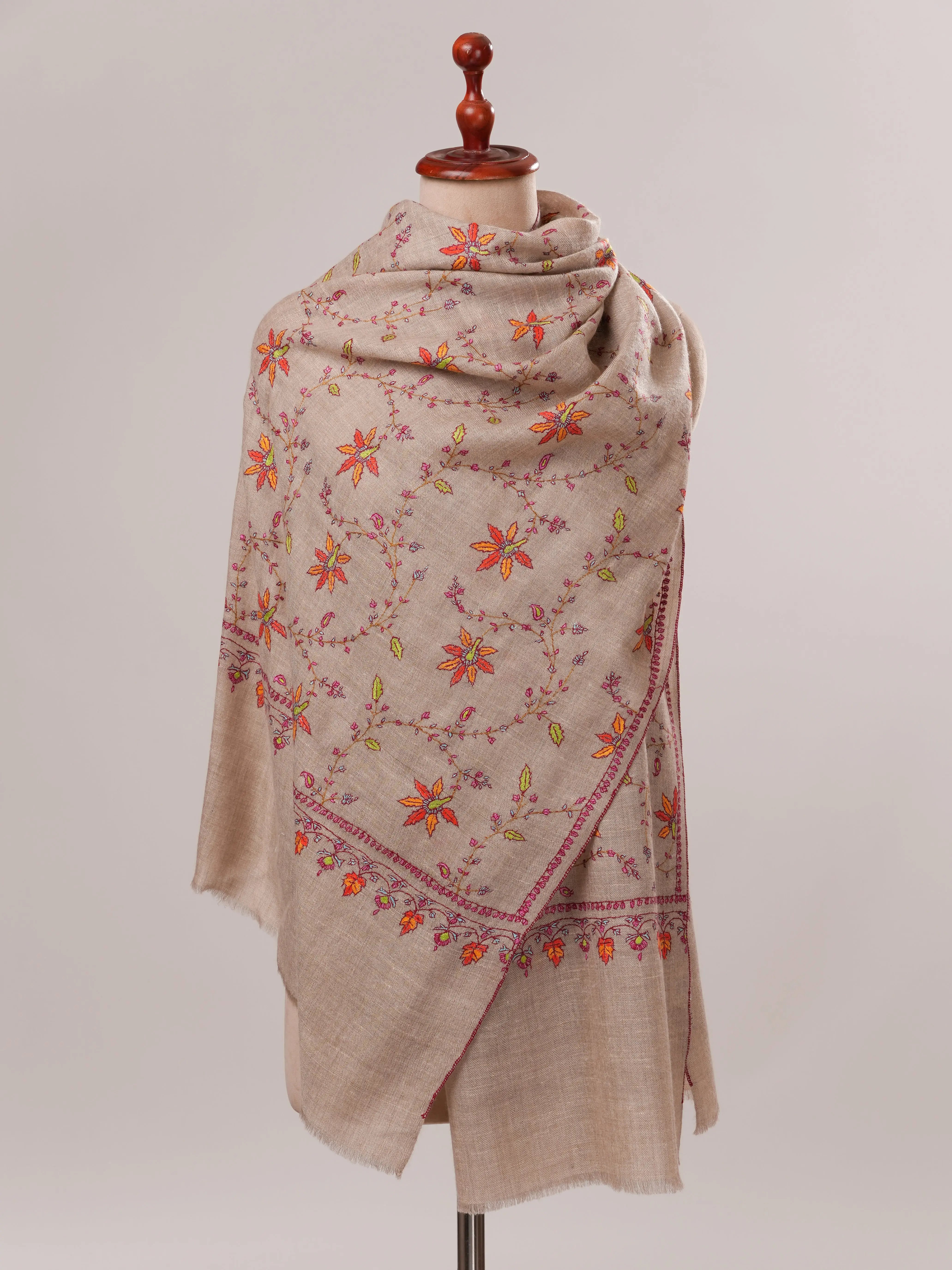 Natural Grey Cashmere Scarf with Floral Jali Hand Embroidery Shahkaar.com