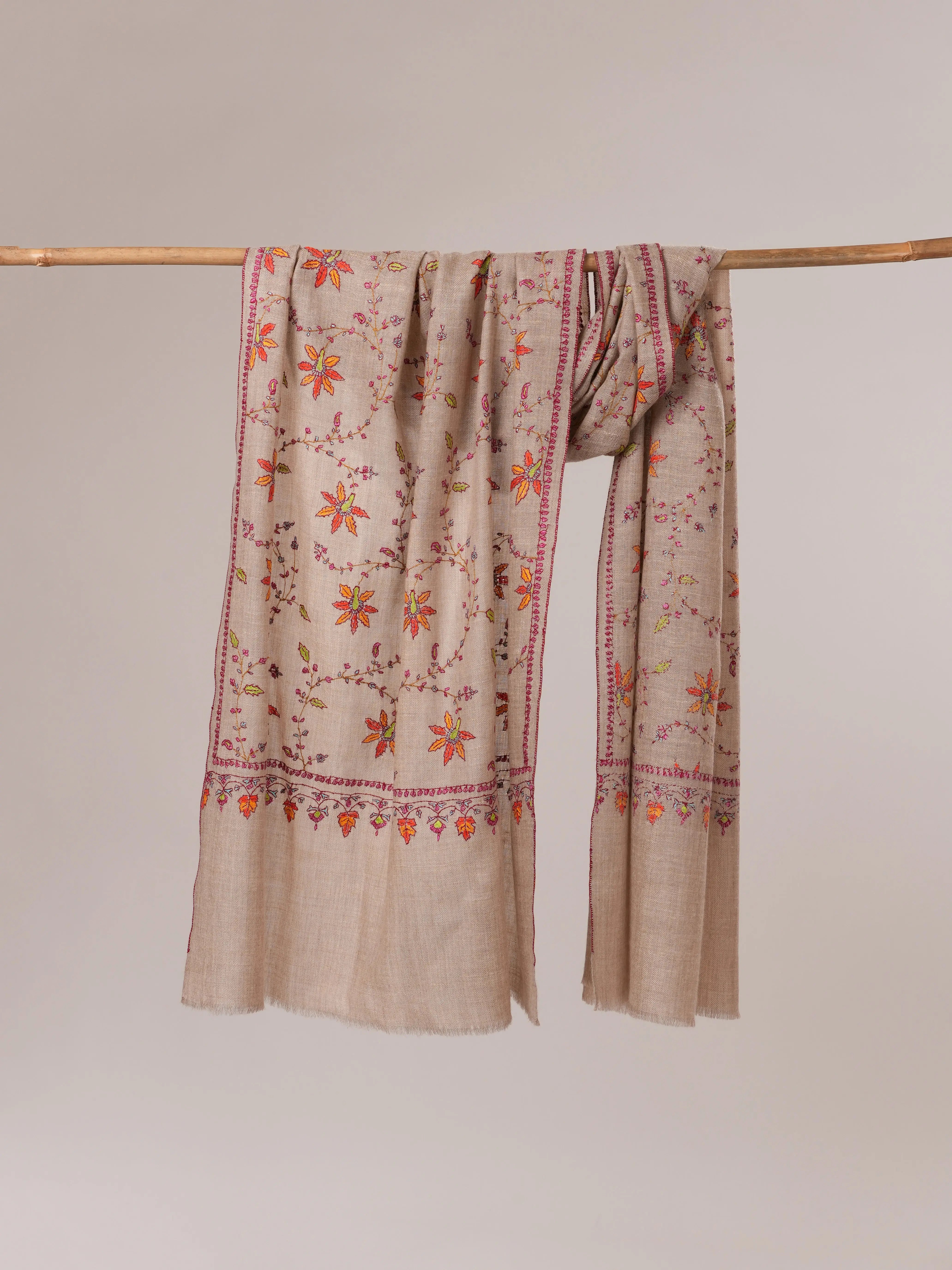Natural Grey Cashmere Scarf with Floral Jali Hand Embroidery Shahkaar.com