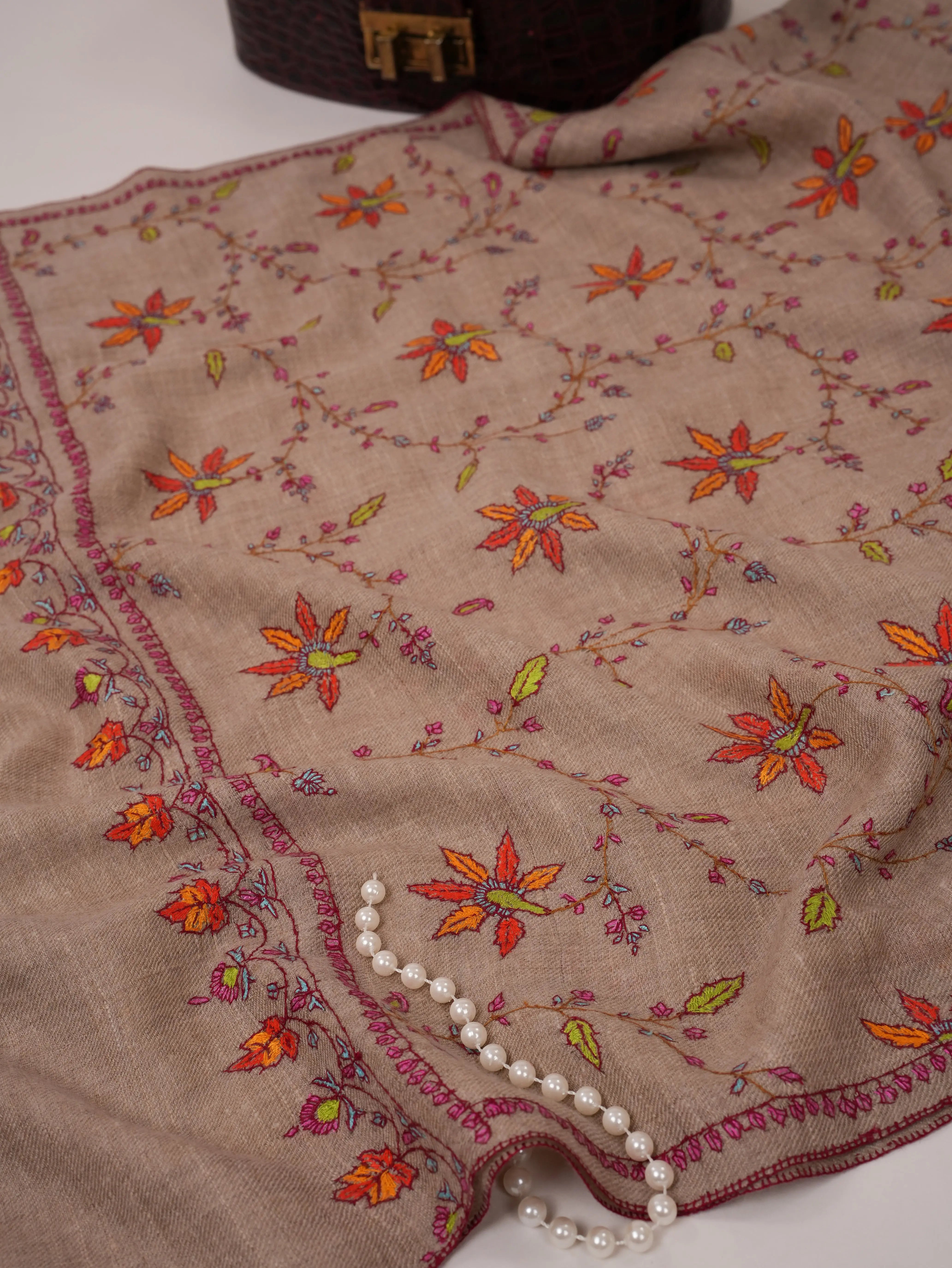 Natural Grey Cashmere Scarf with Floral Jali Hand Embroidery Shahkaar.com