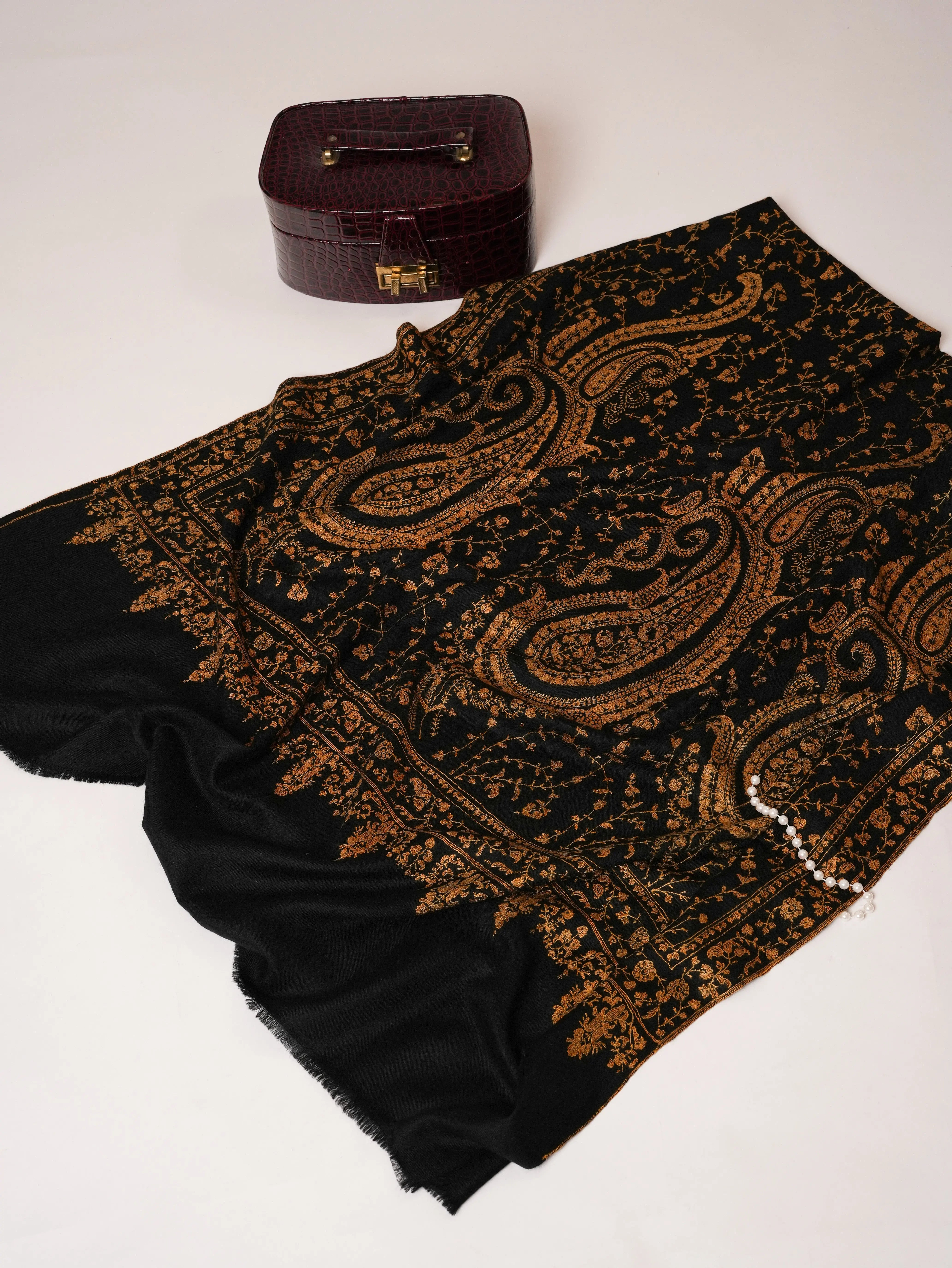 Black Pure Pashmina Shawl with Gold Fine Hand Embroidery Shahkaar Global