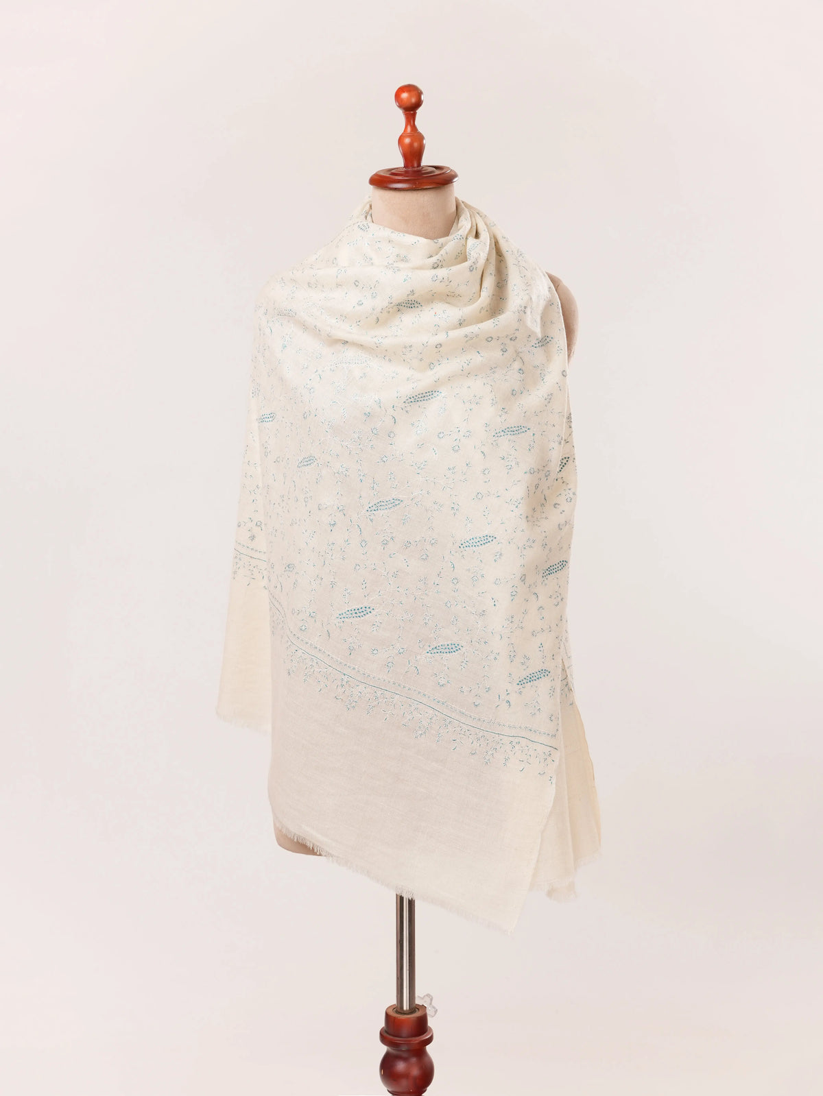 Natural White Kashmiri Handwoven Cashmere Scarf with Jali Sozni Embroidery Shahkaar.com