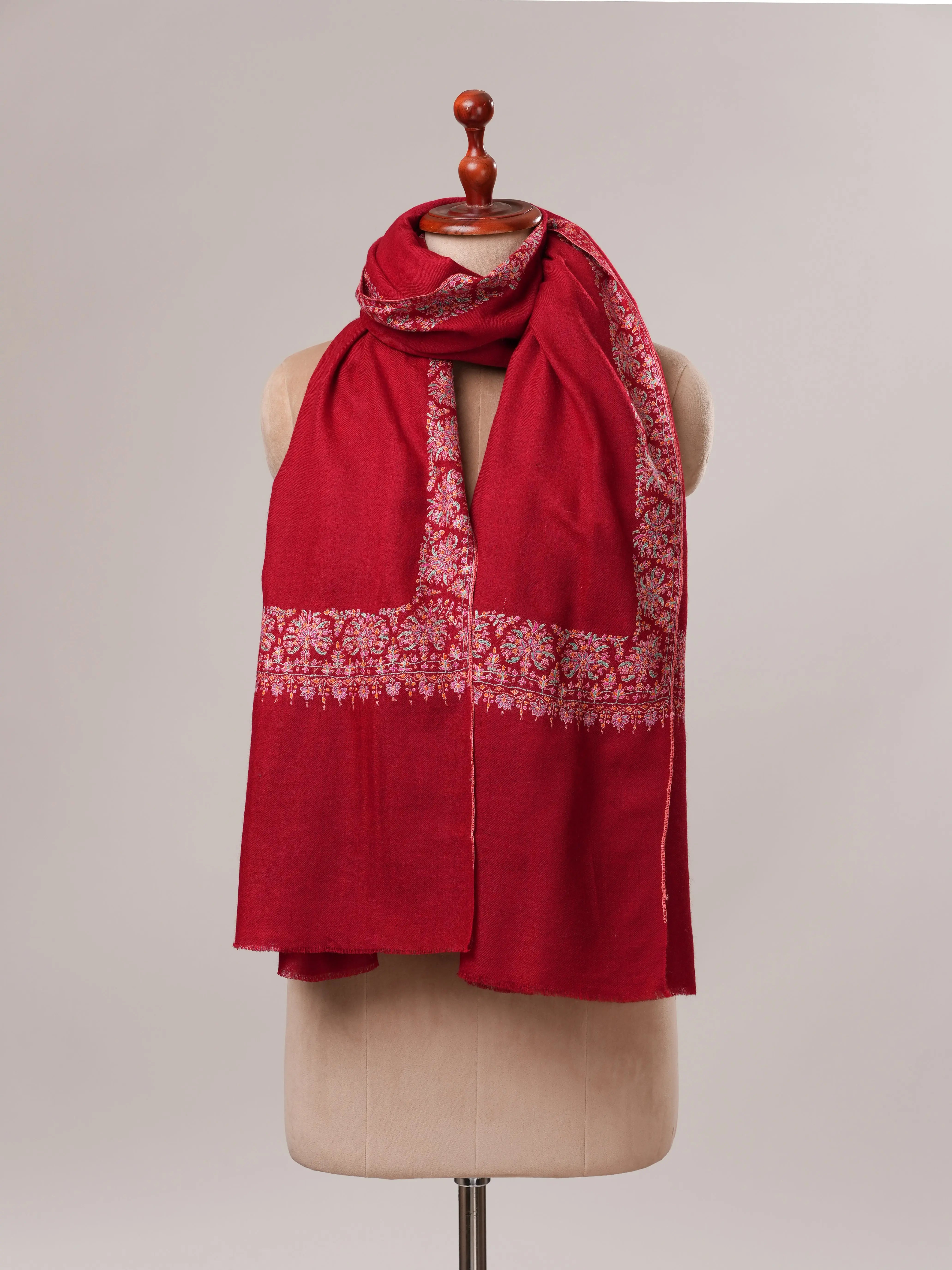 Red Neemdaur Hand Embroidered Pure Pashmina Shahkaar Shawl Shahkaar.com