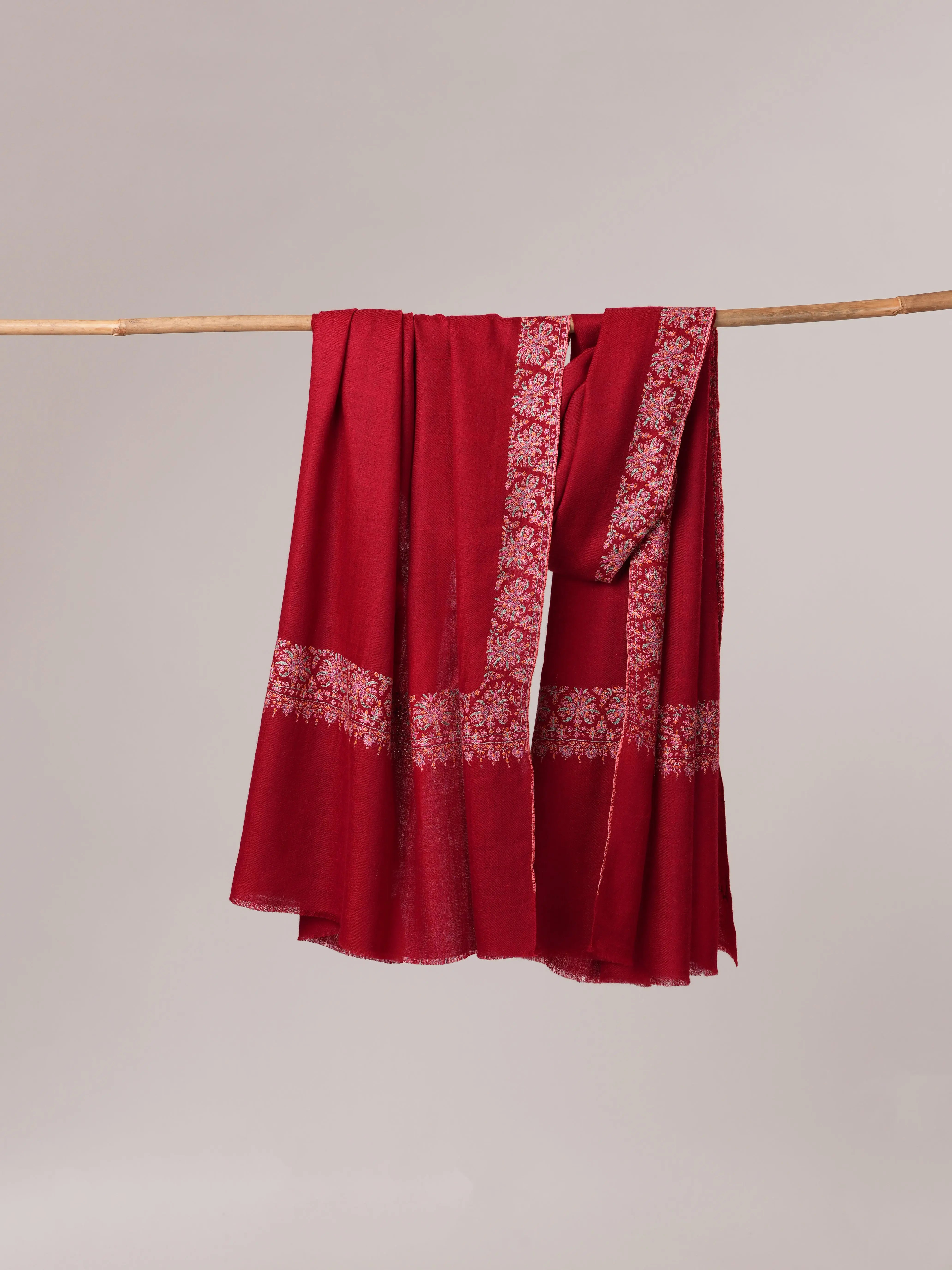 Red Neemdaur Hand Embroidered Pure Pashmina Shahkaar Shawl Shahkaar.com
