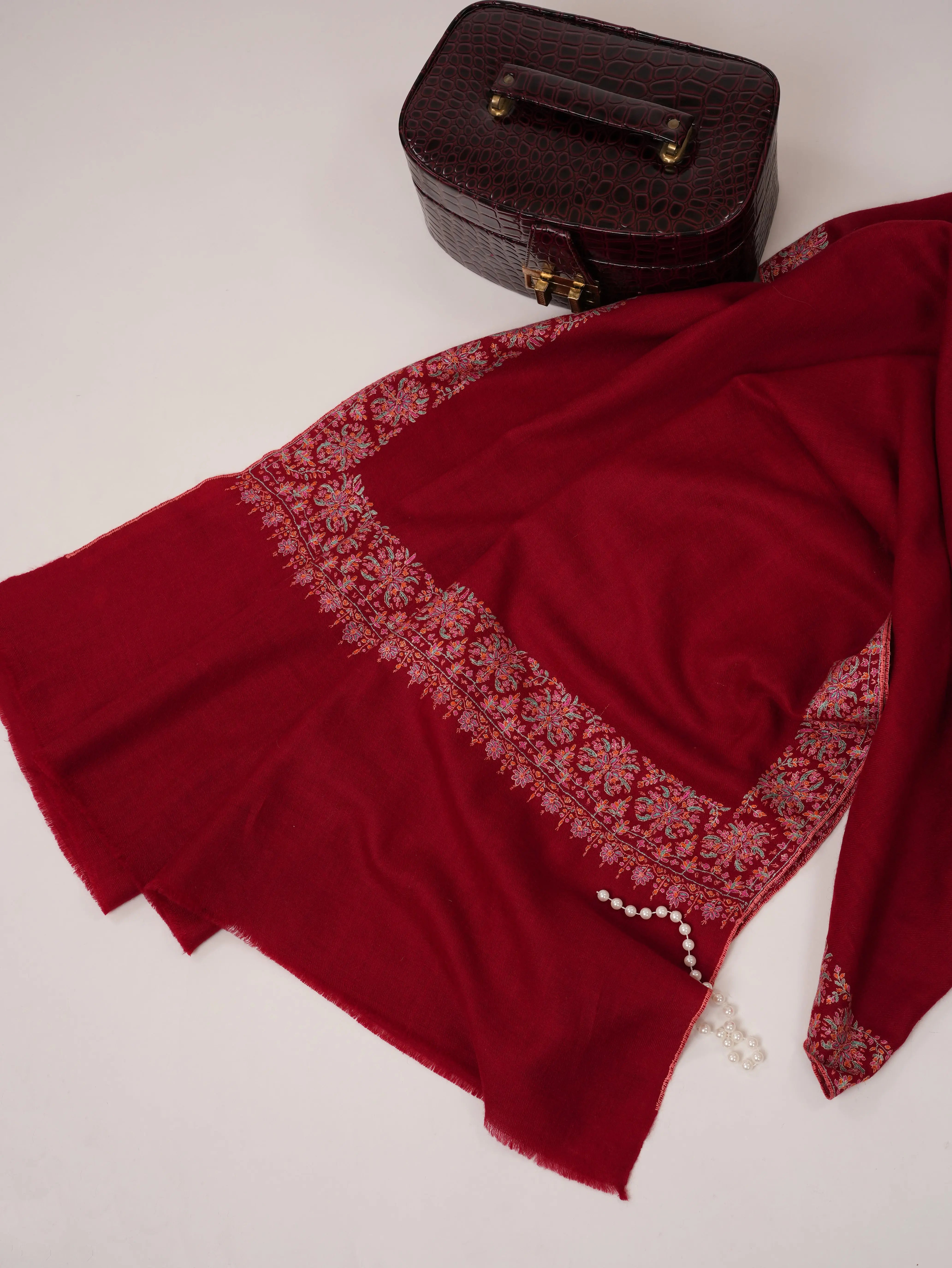 Red Neemdaur Hand Embroidered Pure Pashmina Shahkaar Shawl Shahkaar.com