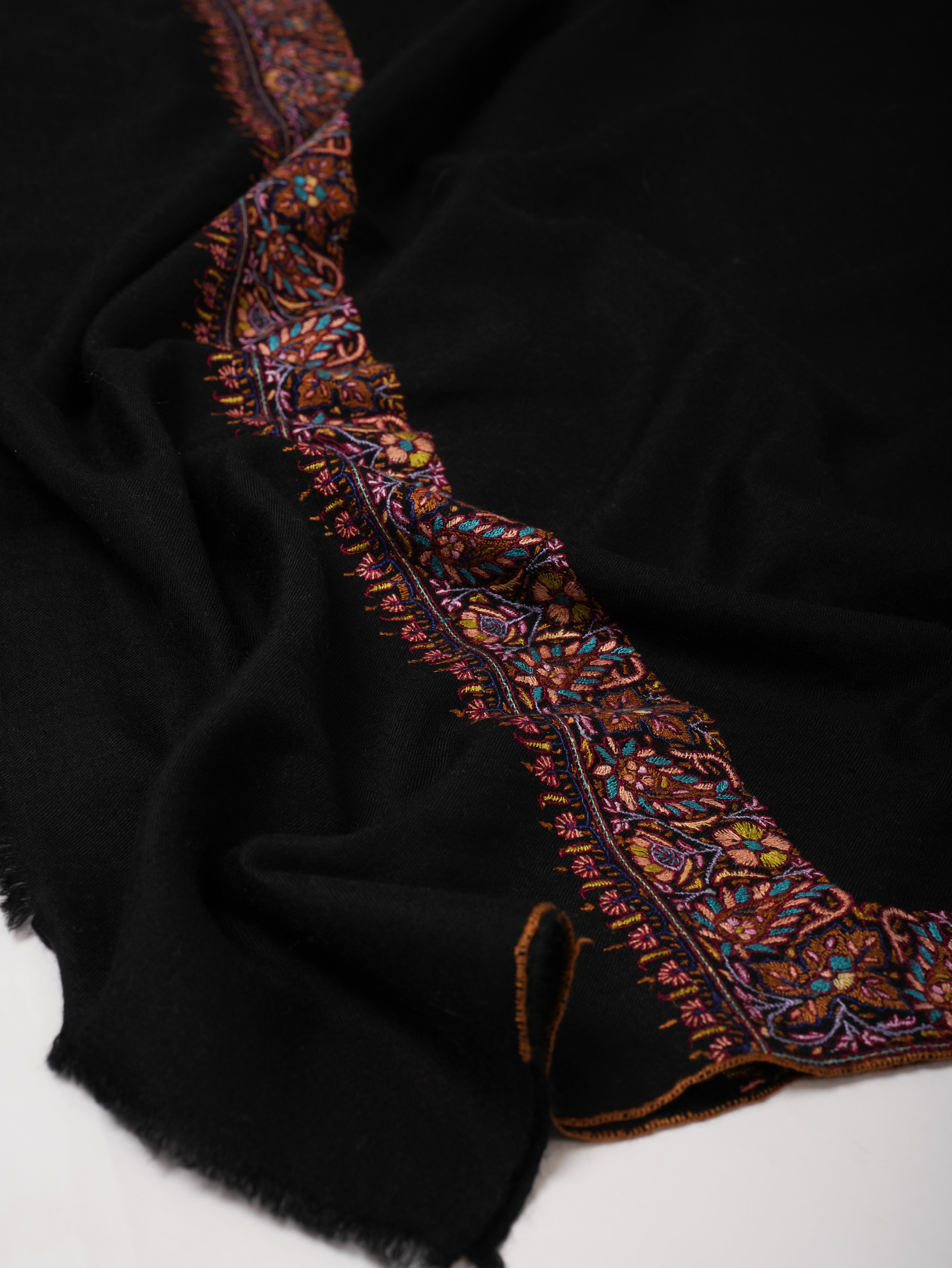 Jet Black Embroidered Luxurious Kashmiri Pashmina Shawl – Authentic Artisan Wrap