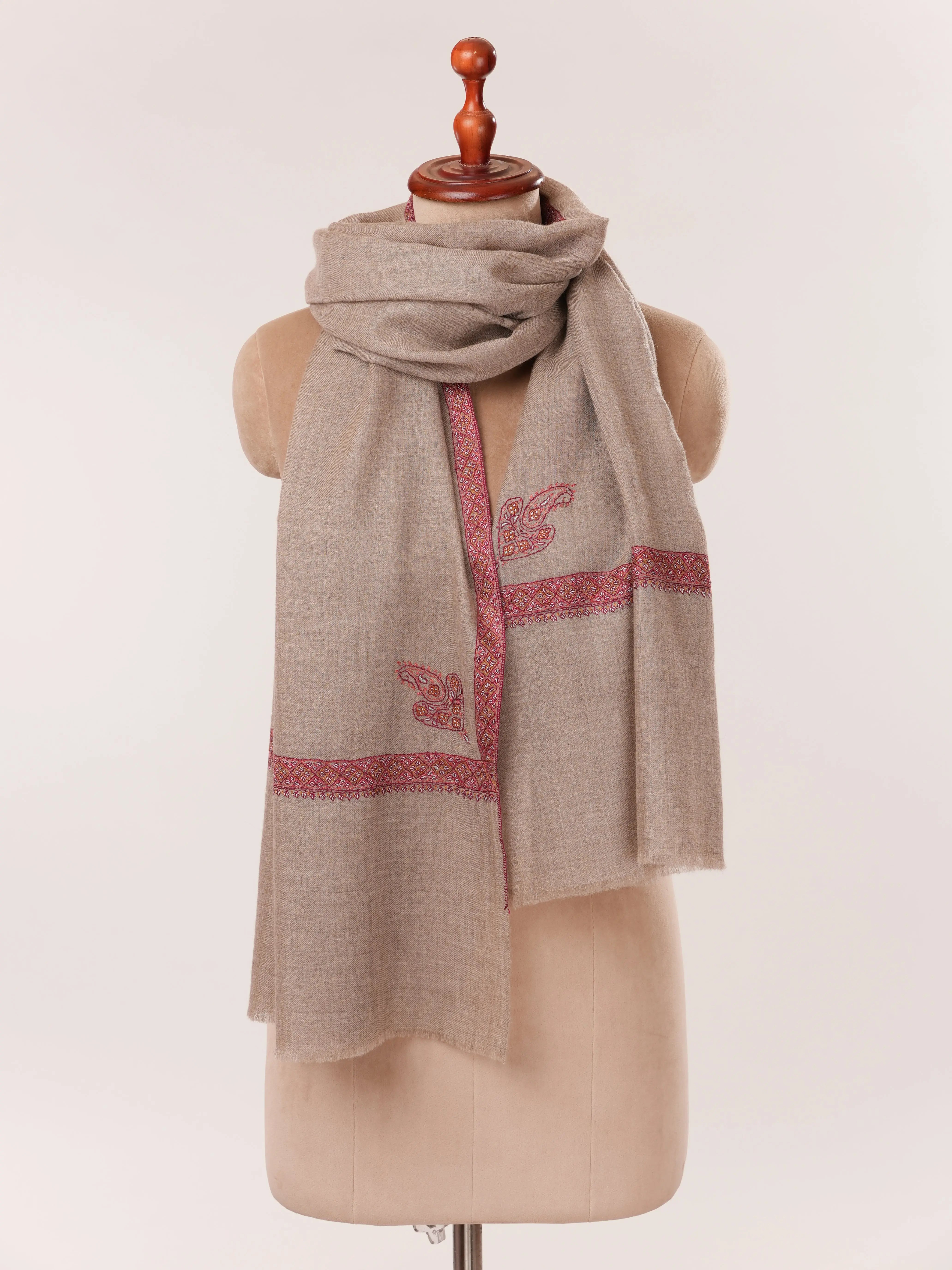 Natural Taupe Featherlight Cashmere Scarf with Hashia Hand Embroidery Shahkaar.com
