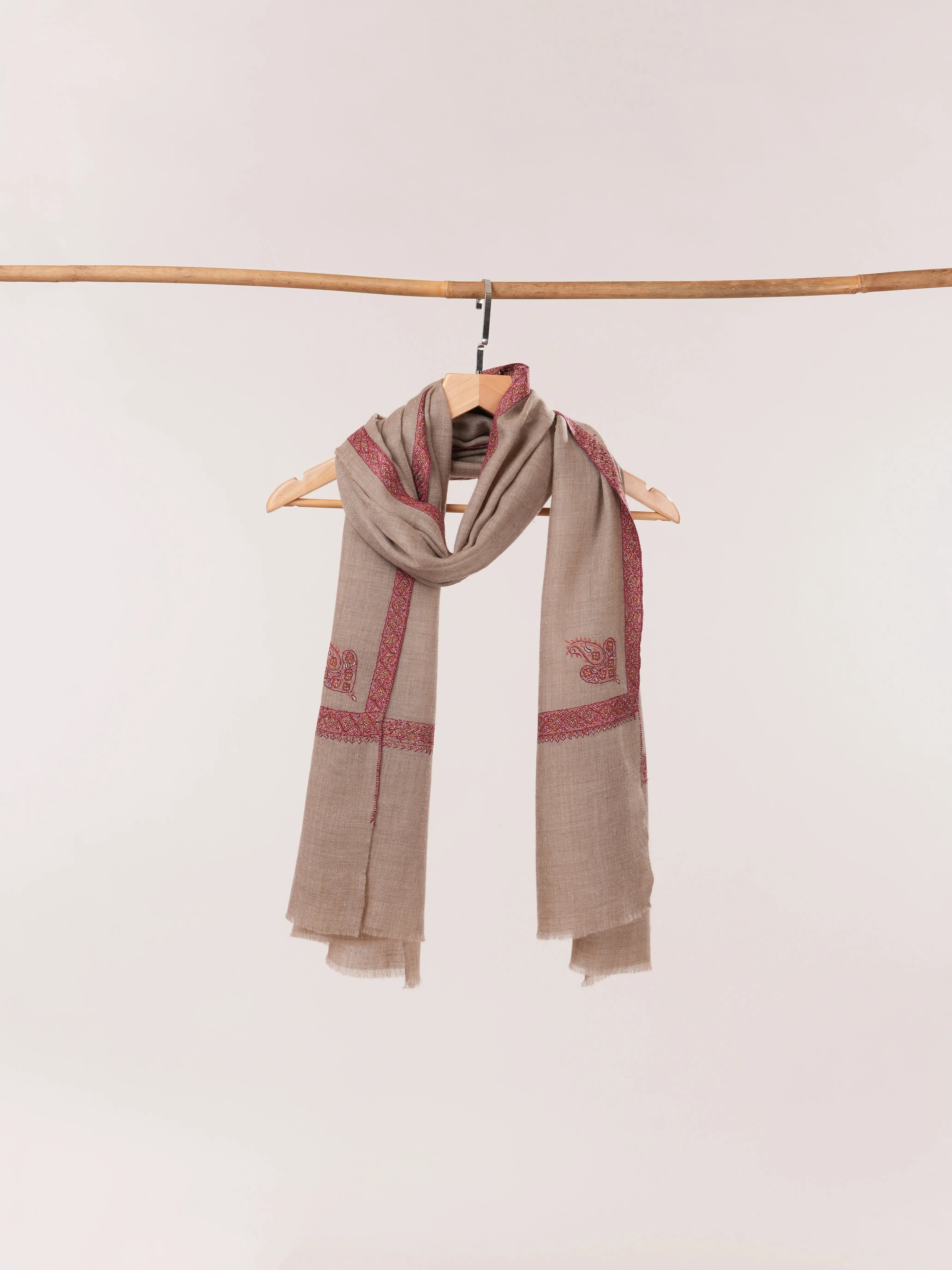 Natural Taupe Featherlight Cashmere Scarf with Hashia Hand Embroidery Shahkaar.com