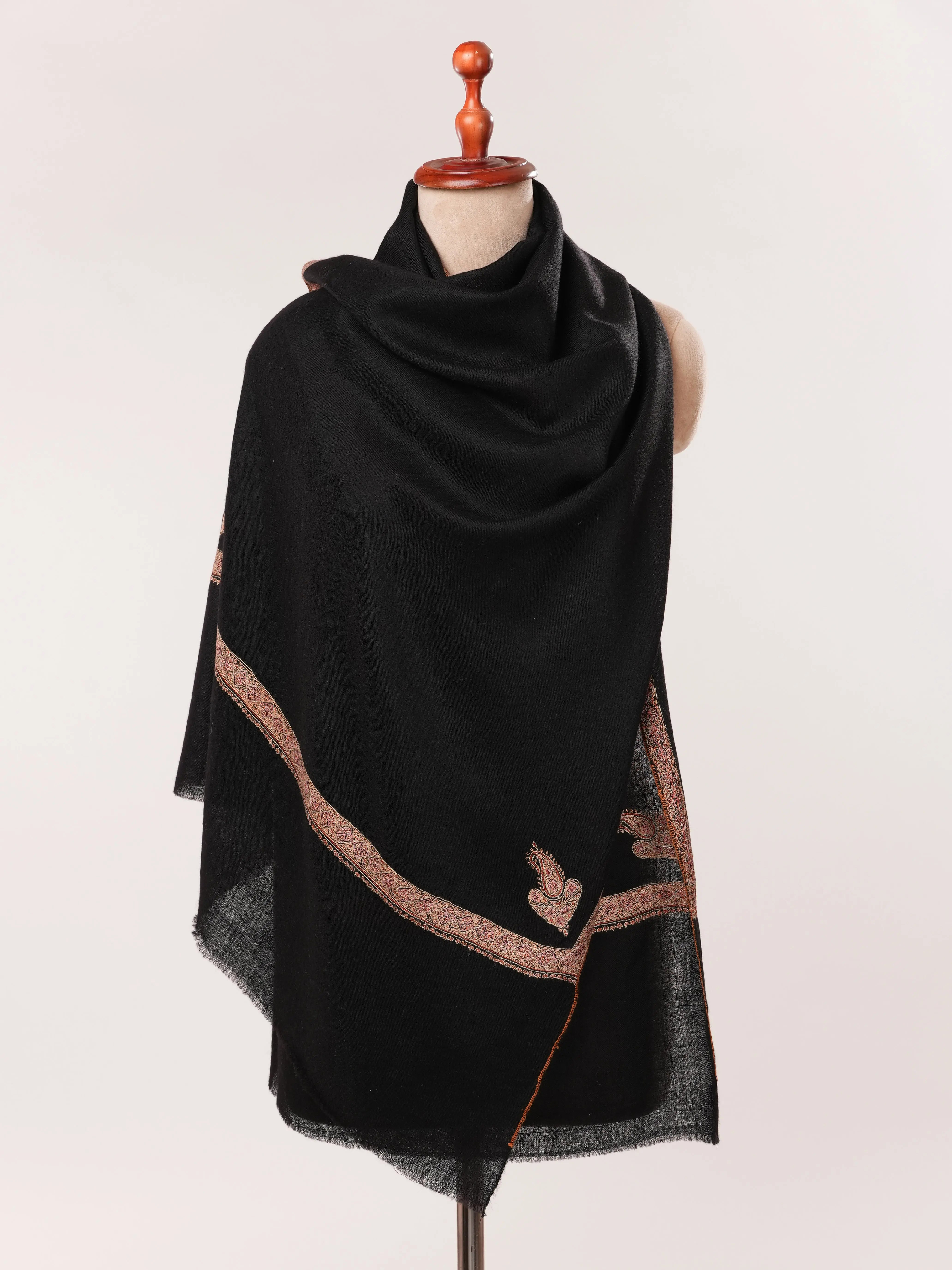 Black Cashmere Scarf with Hashia Hand Embroidery Shahkaar.com