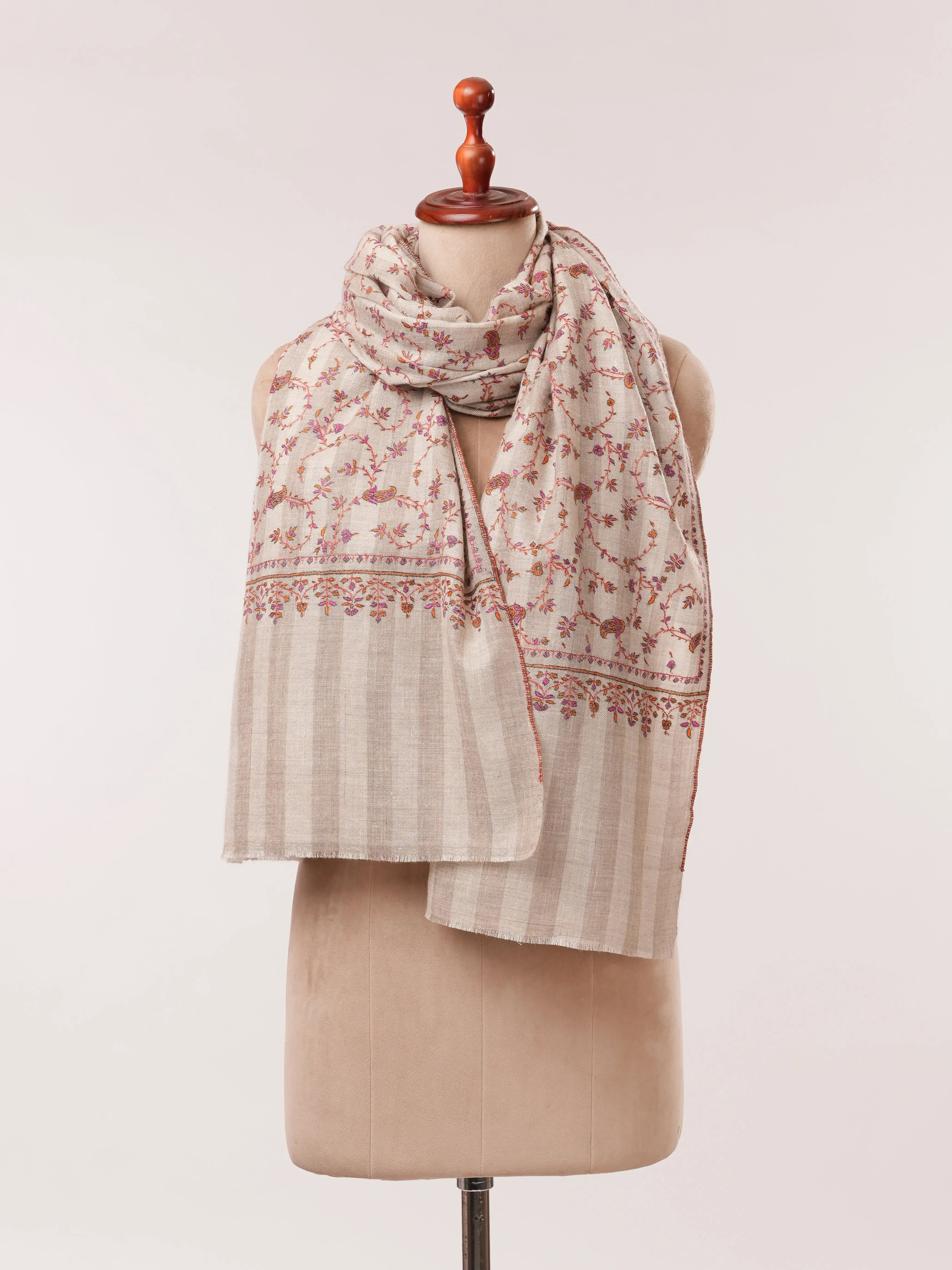 Natural White and Taupe Striped Hand Embroidered Pashmina Shawl Shahkaar.com