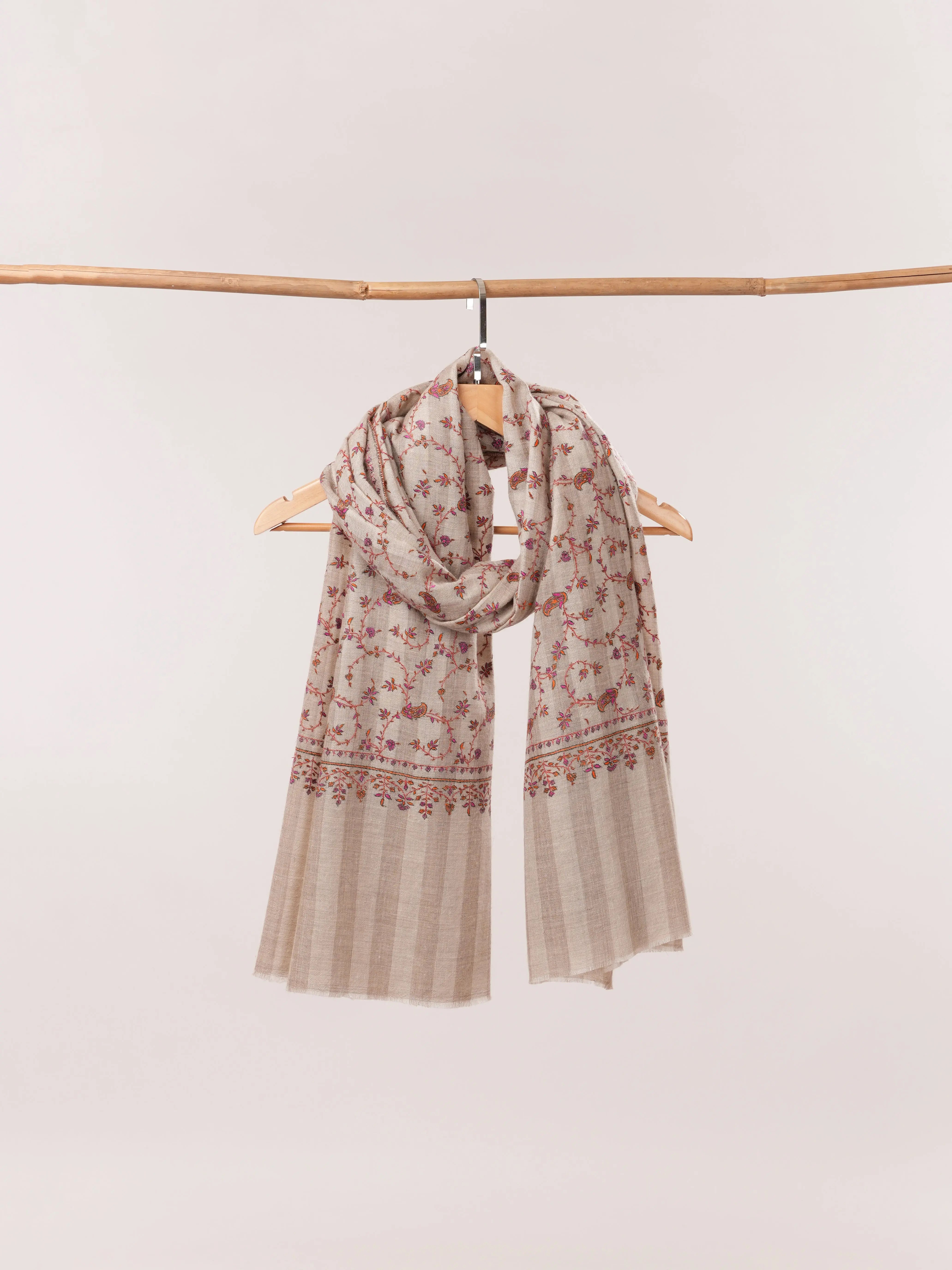 Natural White and Taupe Striped Hand Embroidered Pashmina Shawl Shahkaar.com