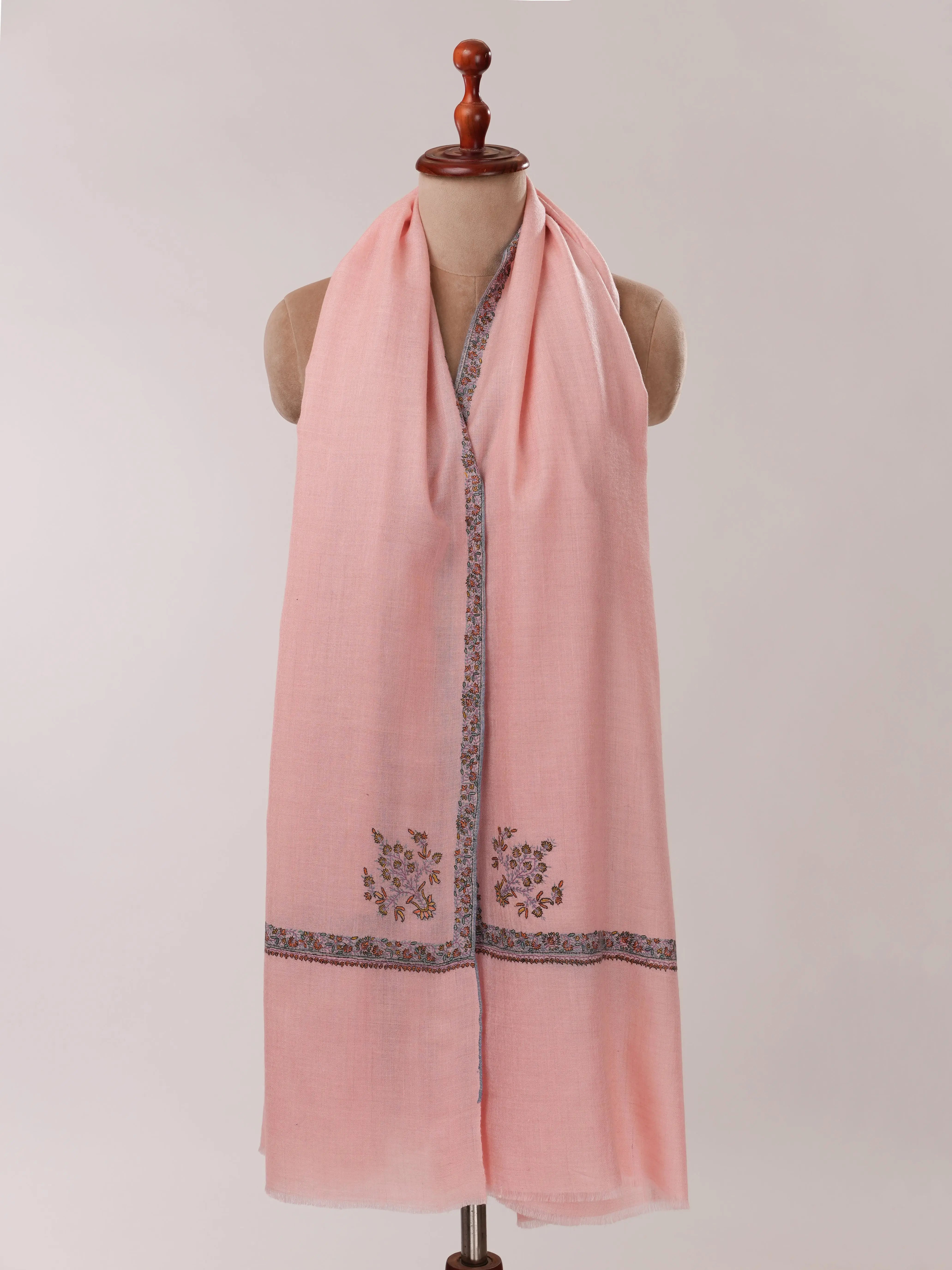 Baby Pink Pashmina Shawl with Hashia Hand Embroidery Shahkaar.com