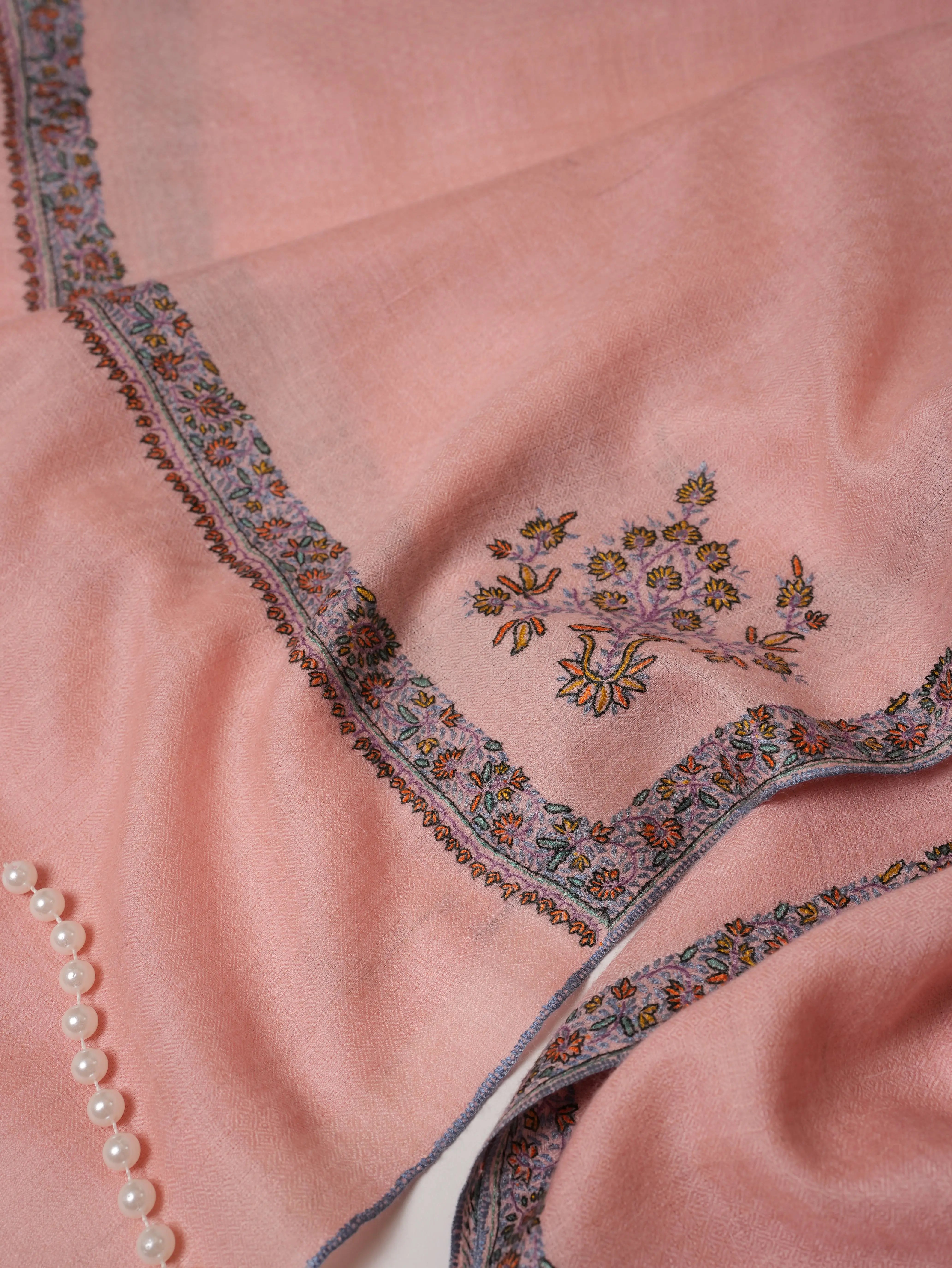 Baby Pink Pashmina Shawl with Hashia Hand Embroidery Shahkaar.com