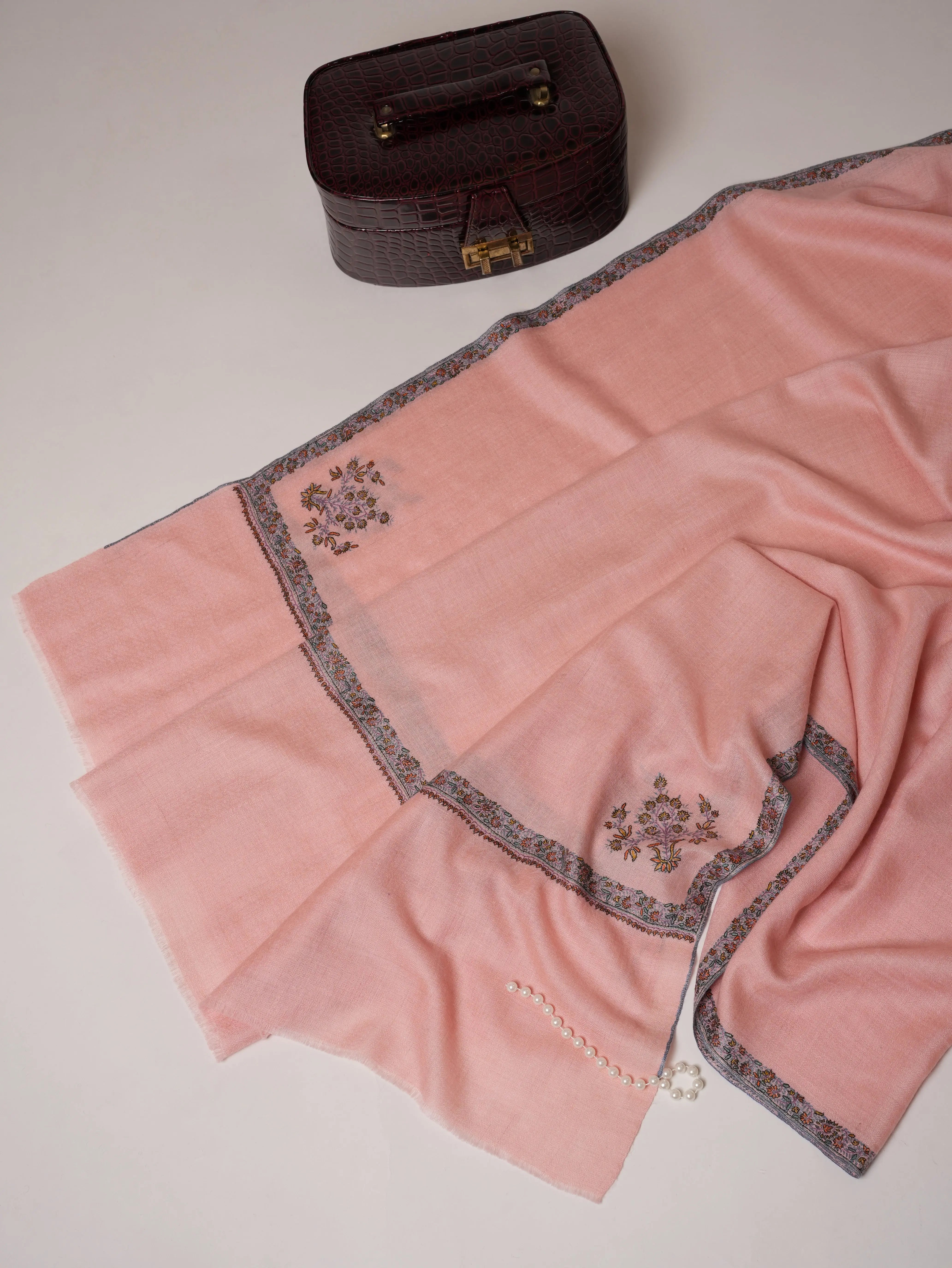 Baby Pink Pashmina Shawl with Hashia Hand Embroidery Shahkaar.com