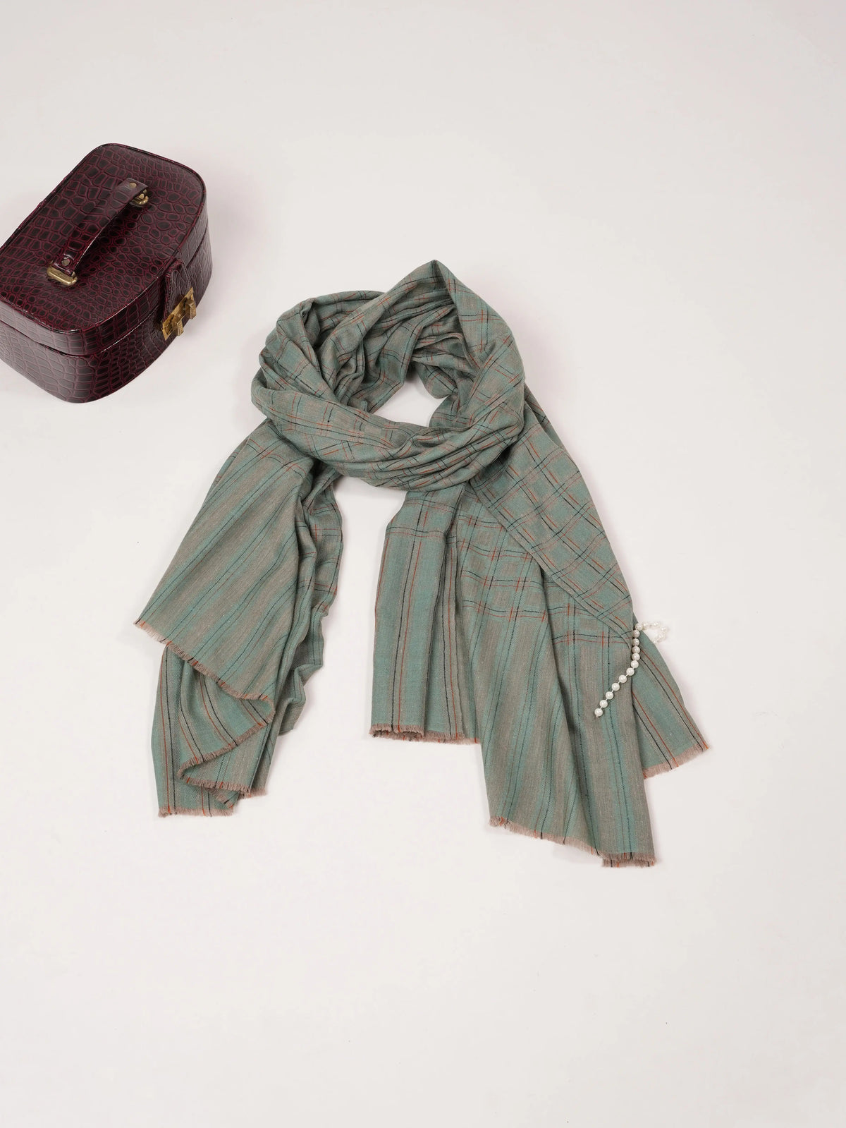 Ice Green Dual Shaded  Handwoven Pashmina Shawl with Check Pattern