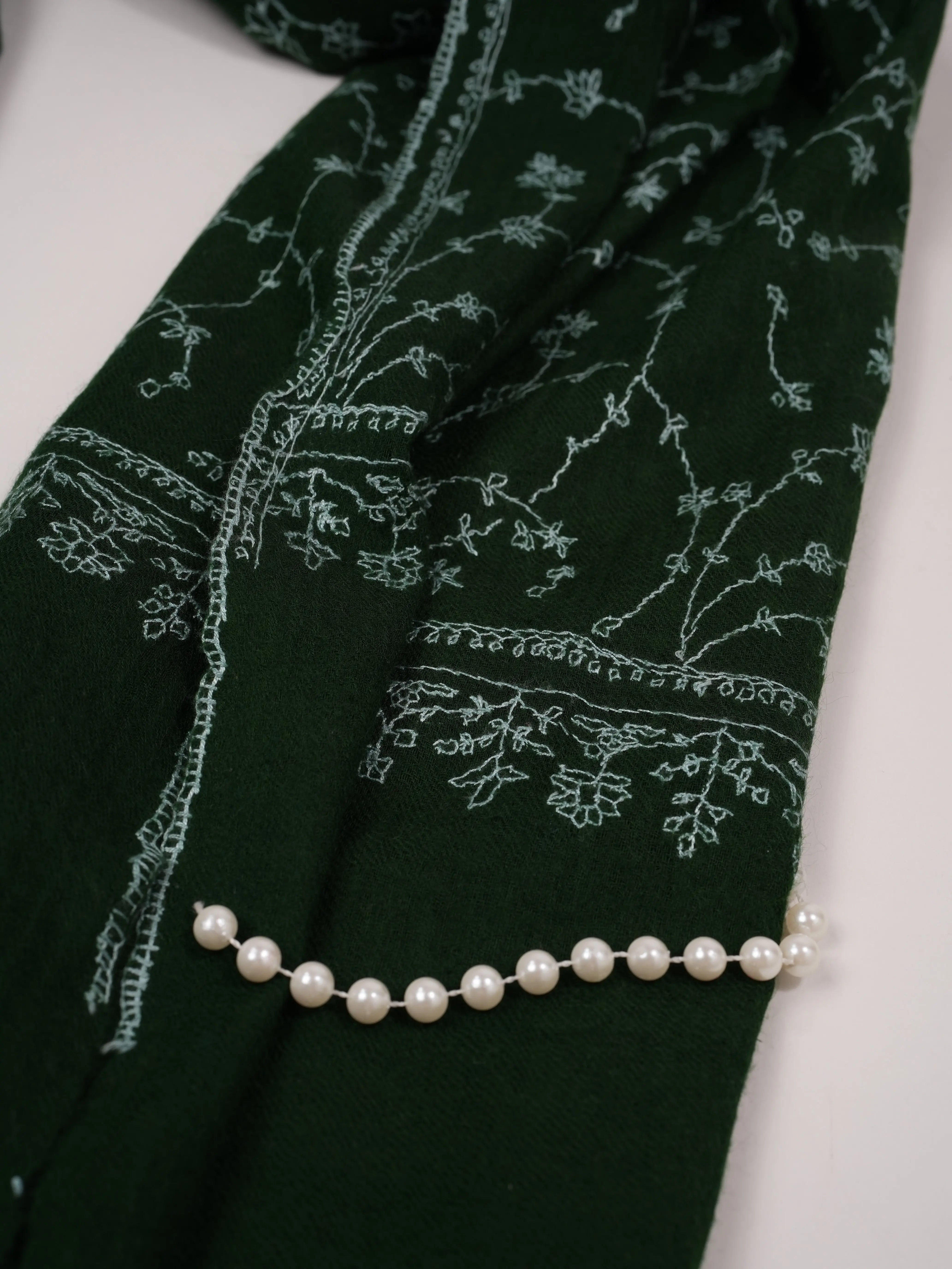Dark Green Pure Boiled Wool Shawl with Jali Hand Sozni Embroidery Shahkaar.com