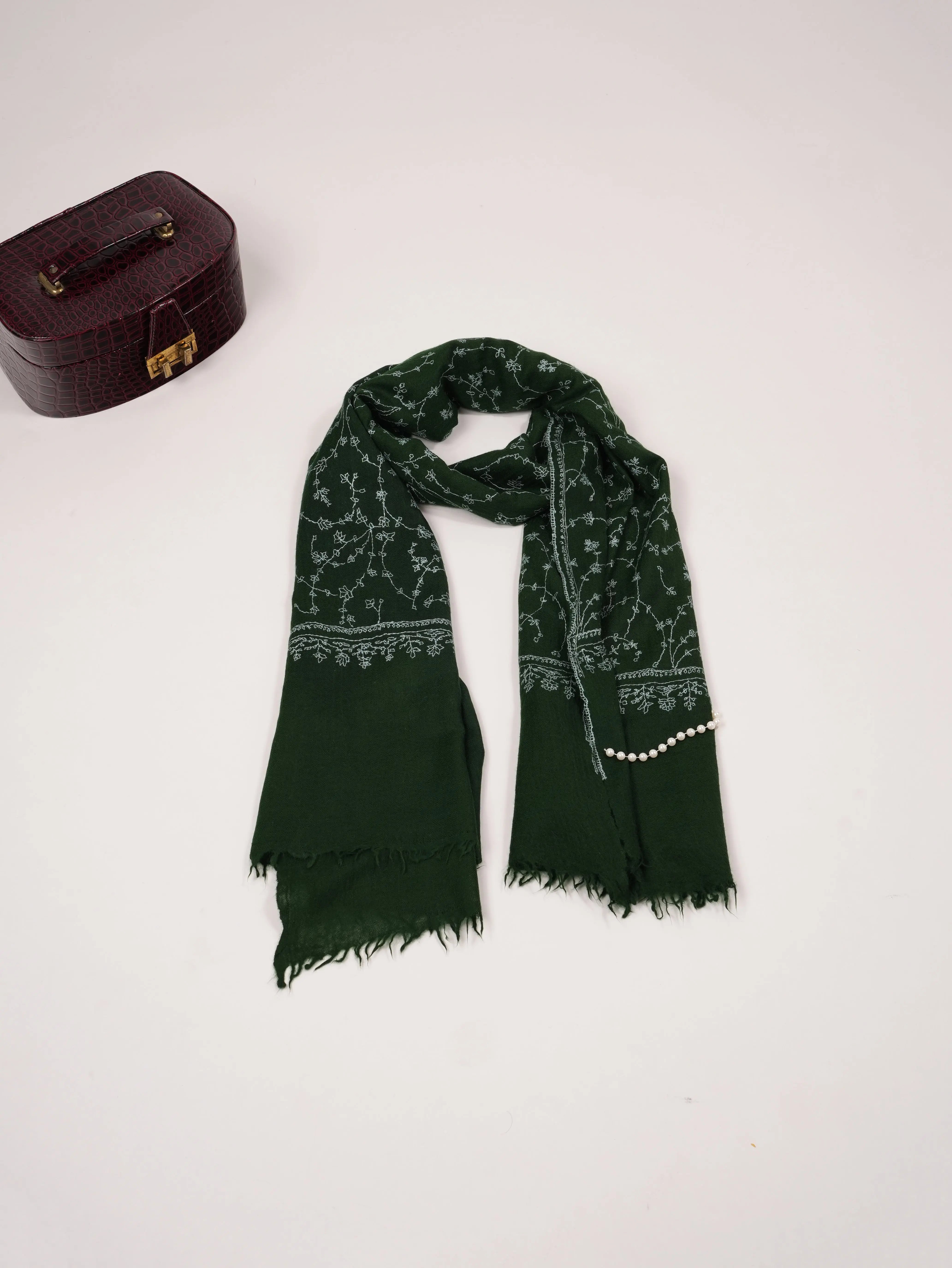 Dark Green Pure Boiled Wool Shawl with Jali Hand Sozni Embroidery Shahkaar.com