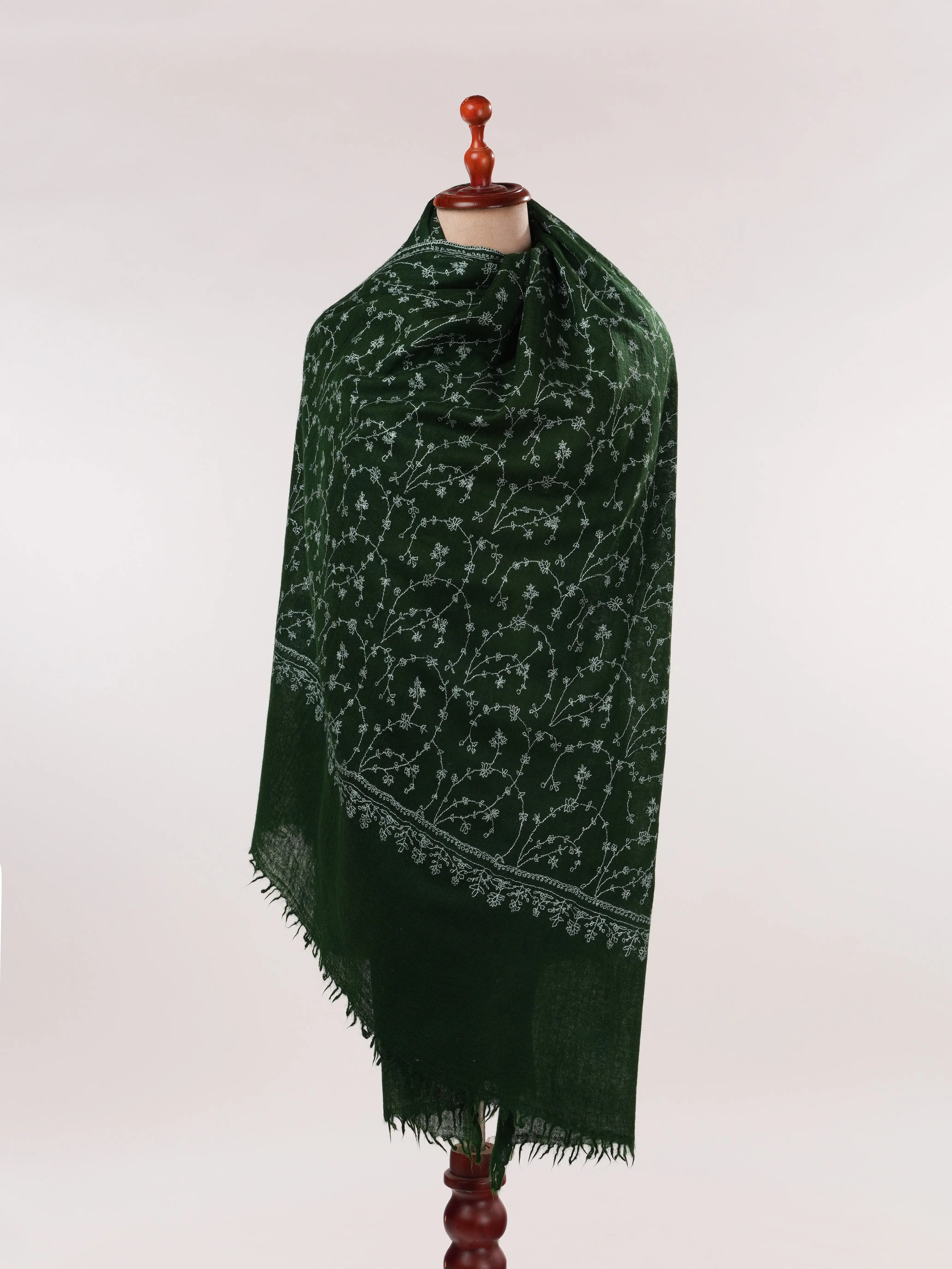 Dark Green Pure Boiled Wool Shawl with Jali Hand Sozni Embroidery Shahkaar.com