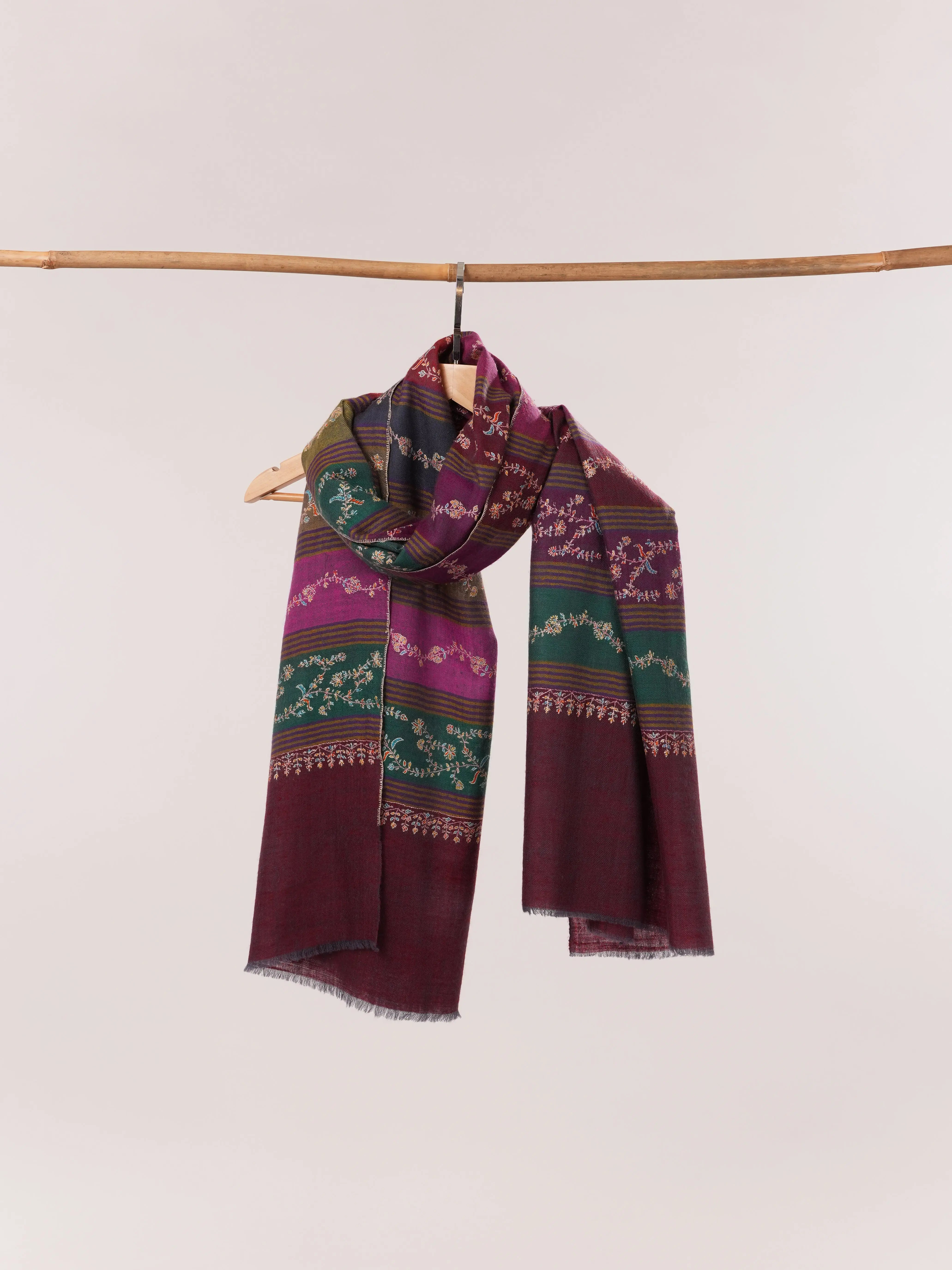 Featherlight Striped Hand Embroidered Authentic Pashmina Shawl Shahkaar.com