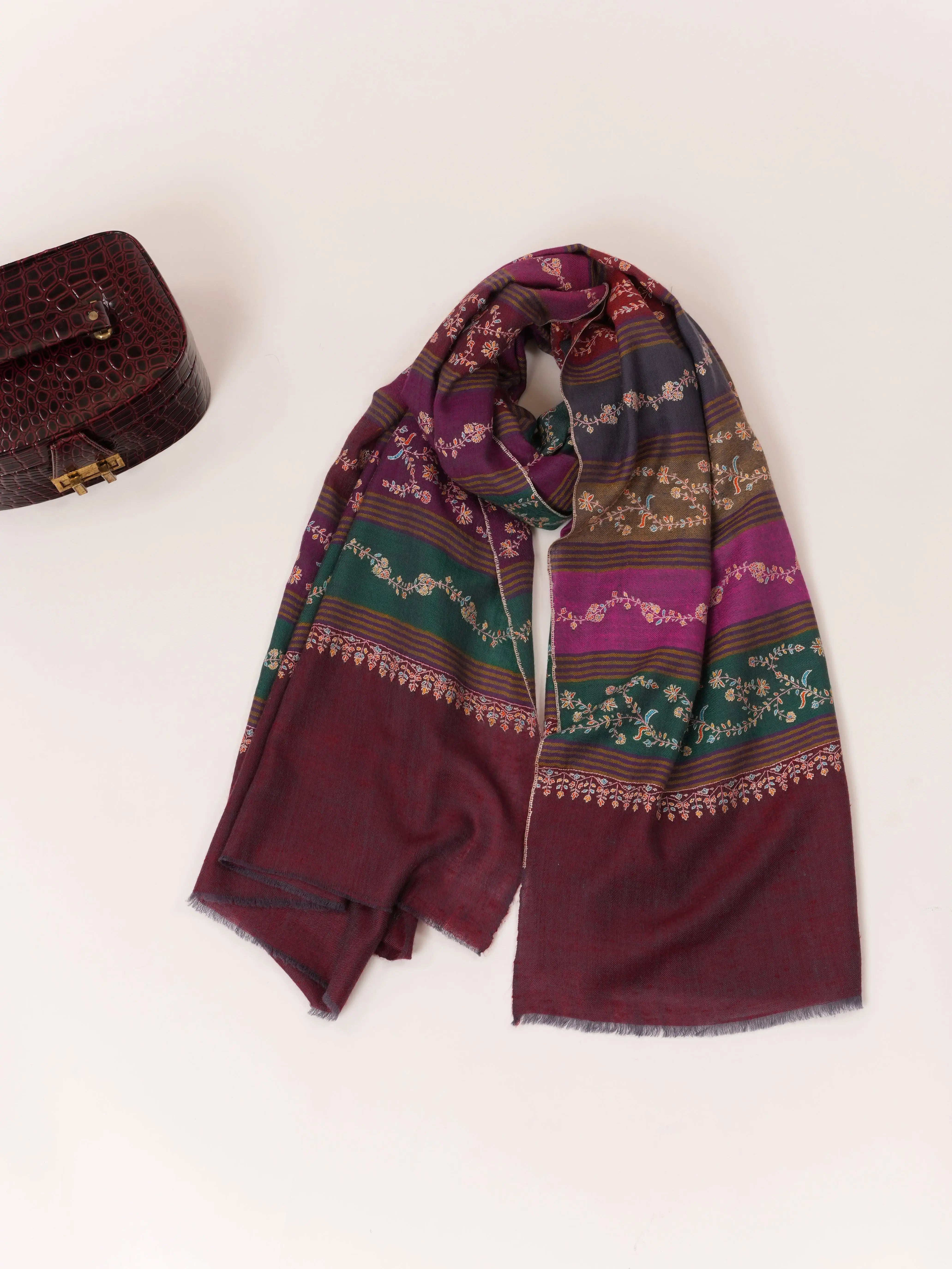Featherlight Striped Hand Embroidered Authentic Pashmina Shawl Shahkaar.com