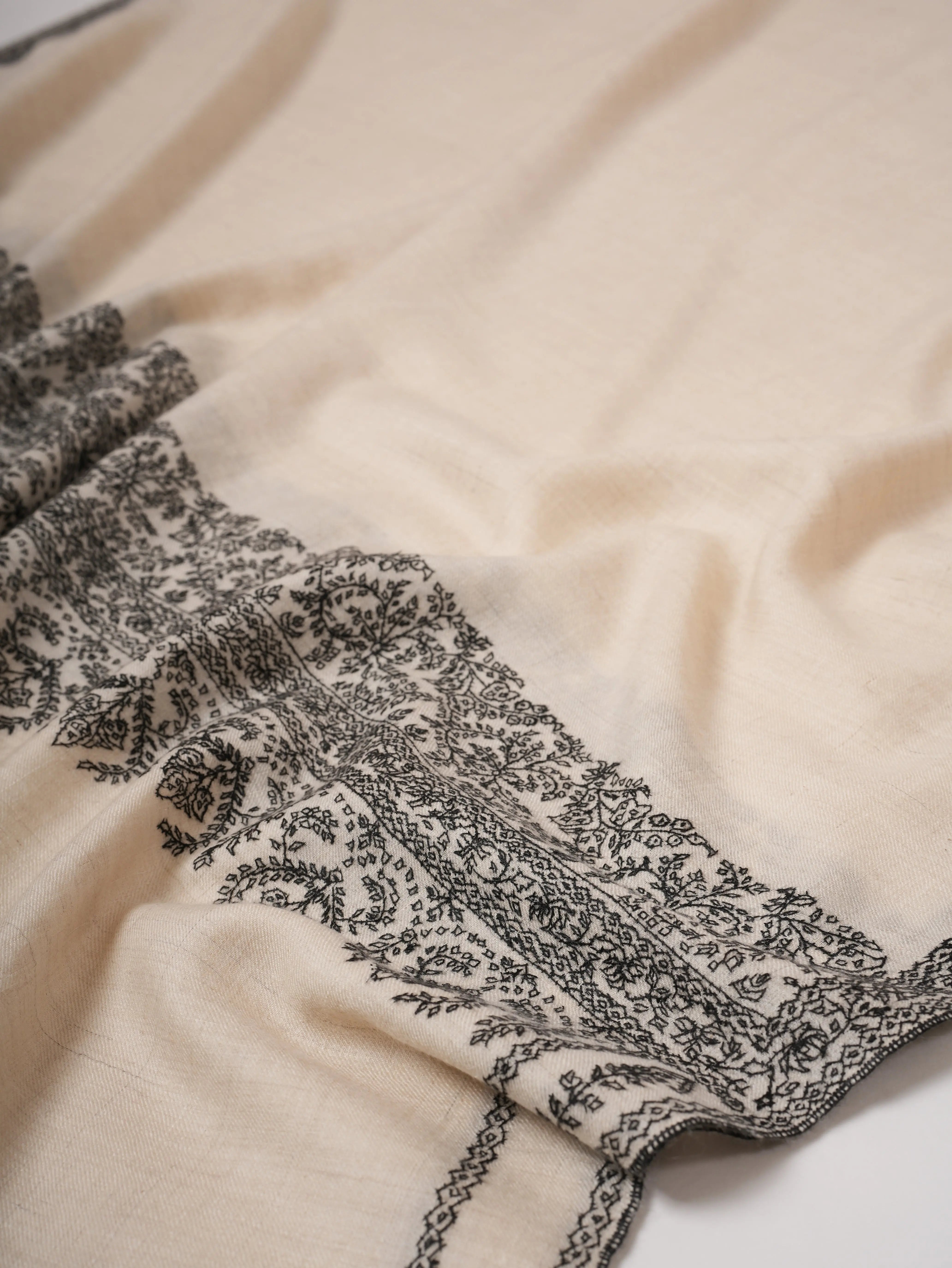 Ivory Baby Soft Pashmina Shawl – Hand Embroidered Black Palla Border Shahkaar