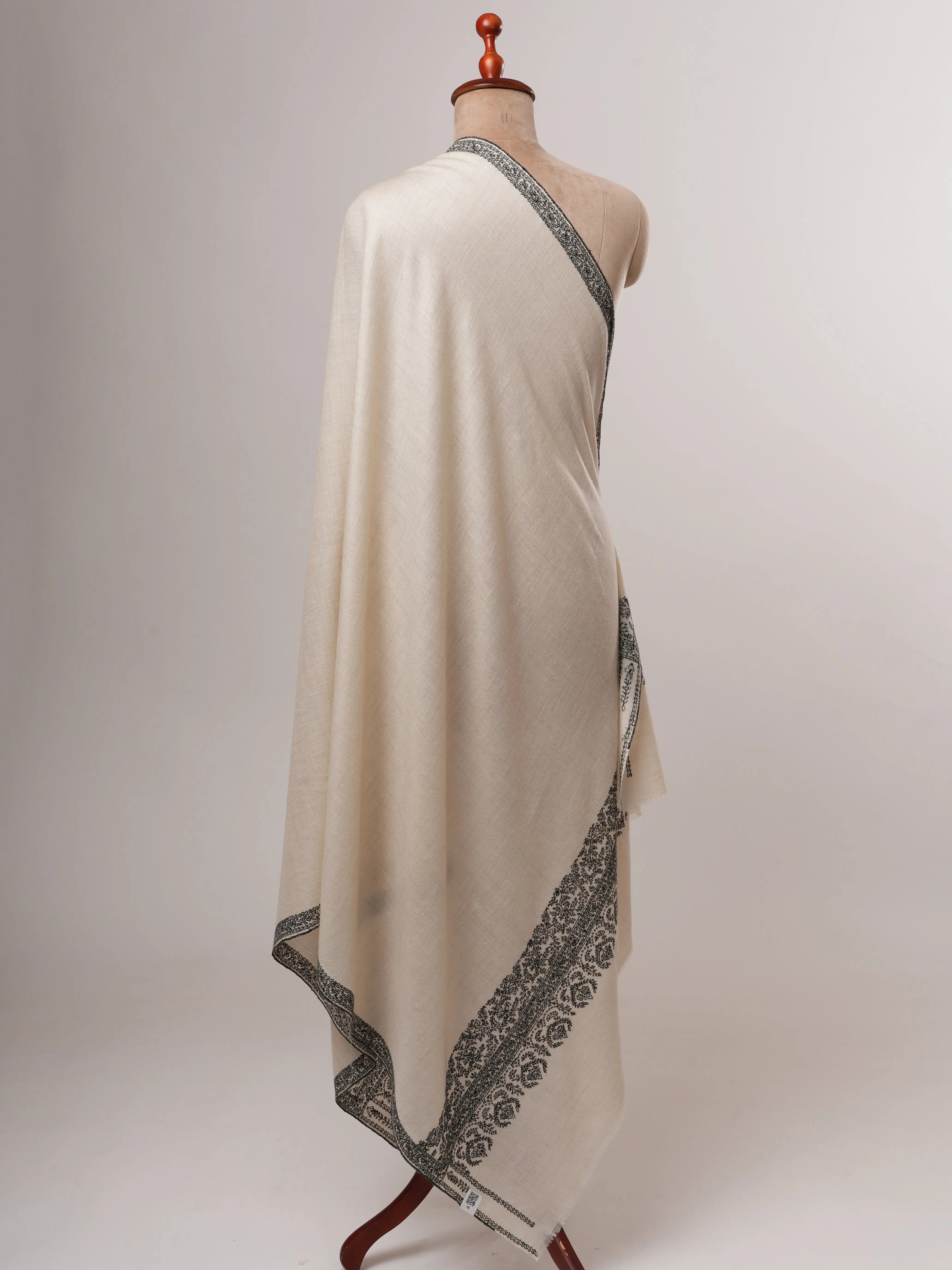 Ivory Baby Soft Pashmina Shawl – Hand Embroidered Black Palla Border Shahkaar