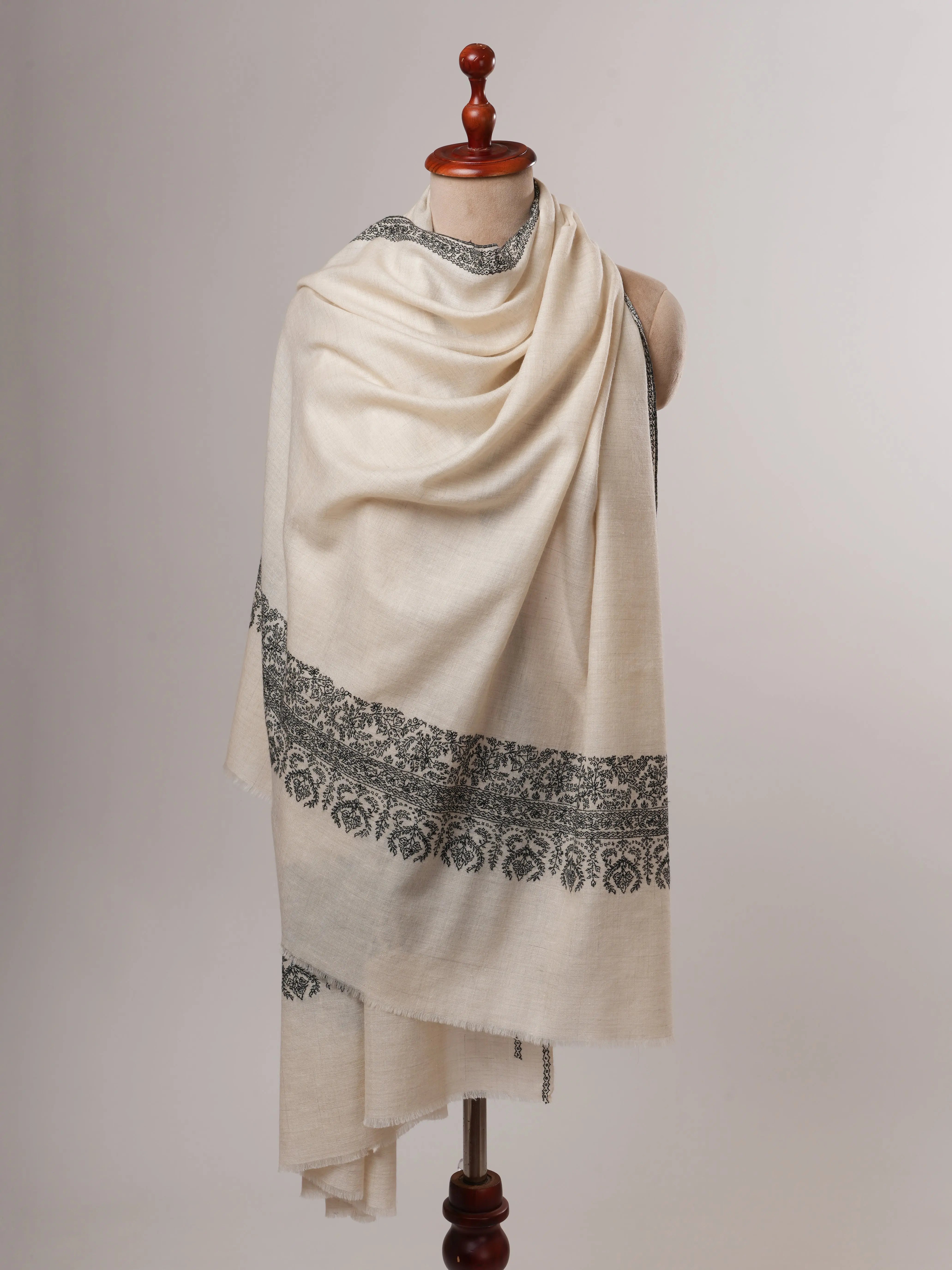 Ivory Baby Soft Pashmina Shawl – Hand Embroidered Black Palla Border Shahkaar