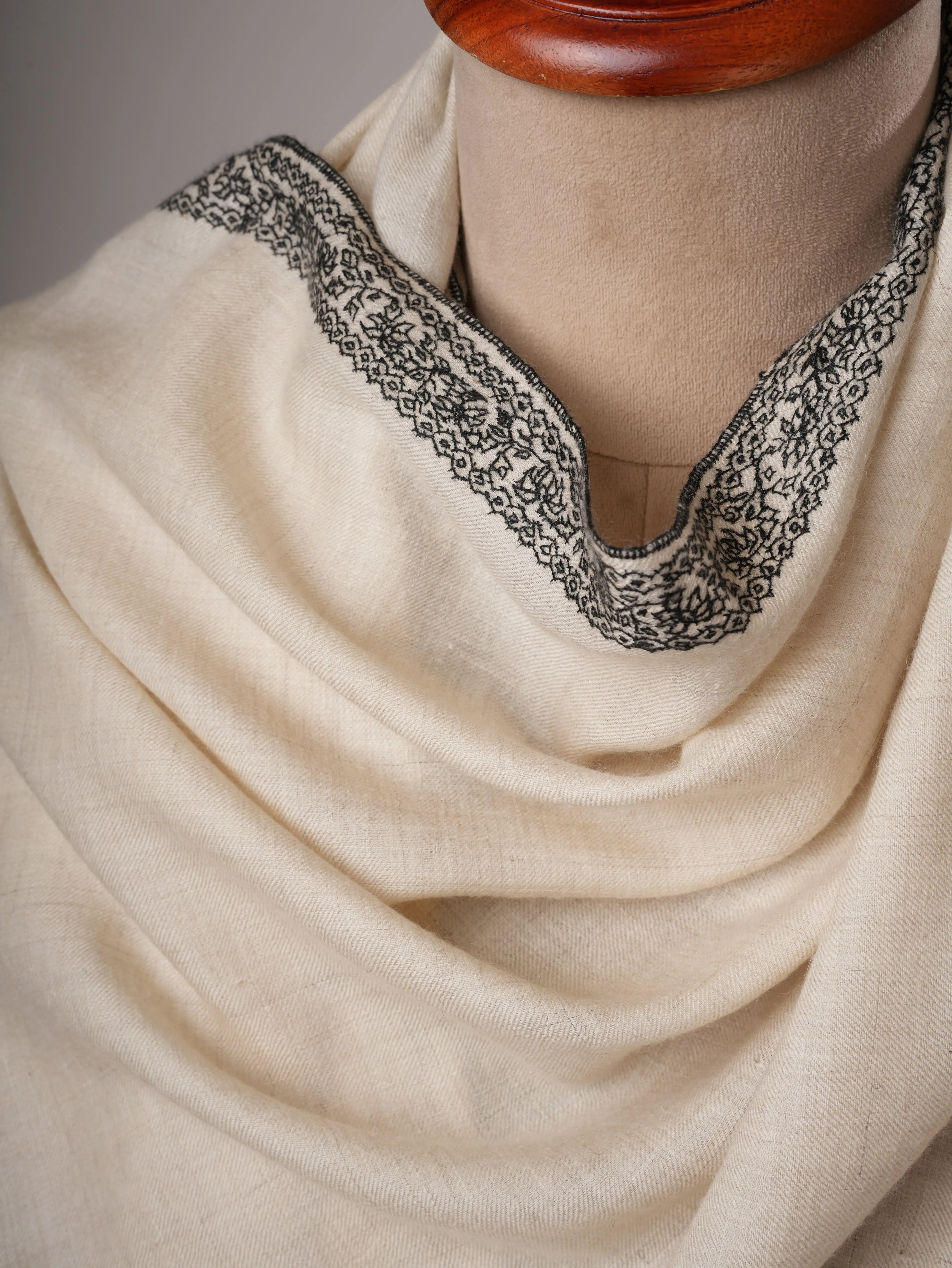 Ivory Baby Soft Pashmina Shawl – Hand Embroidered Black Palla Border Shahkaar