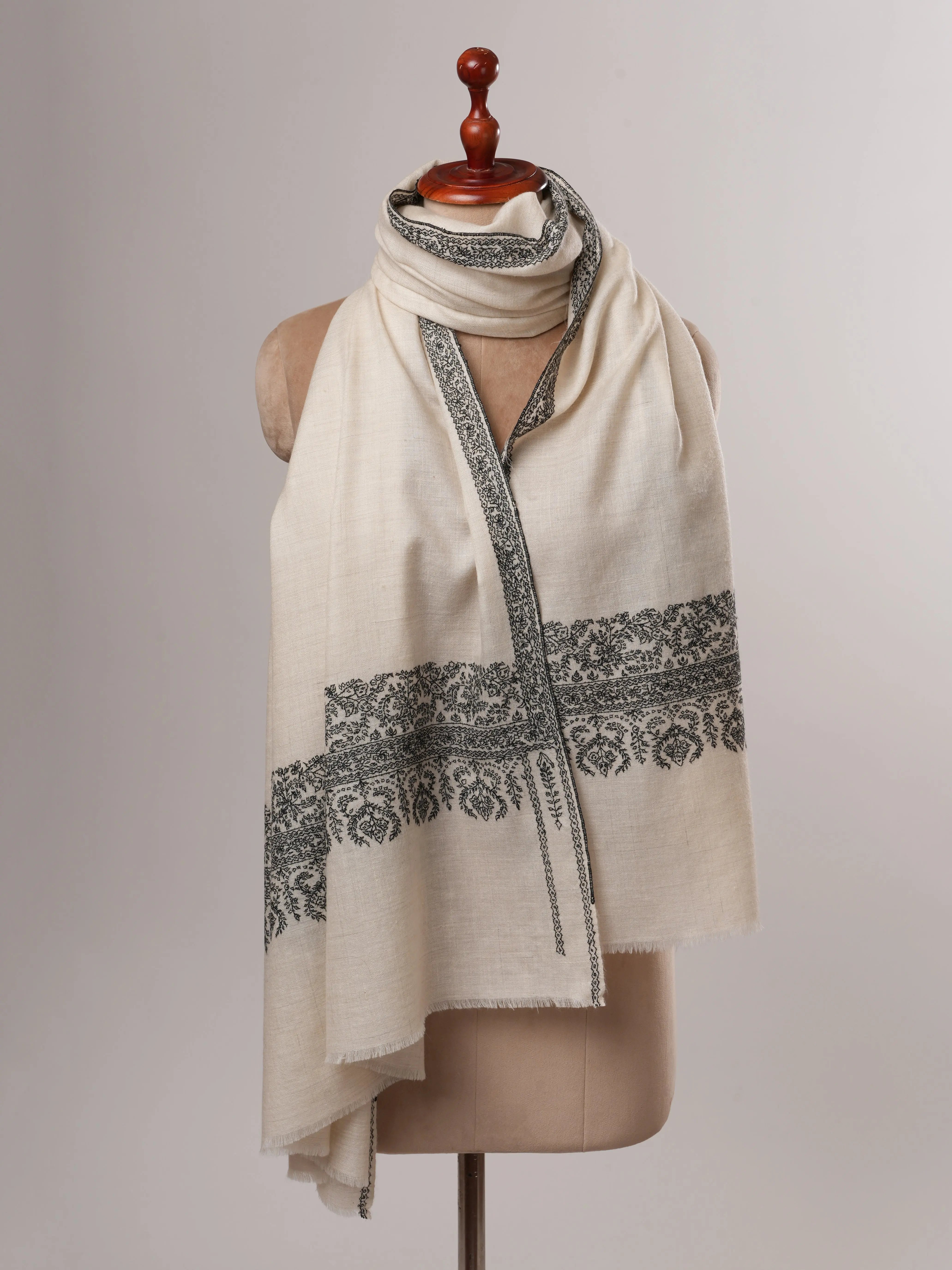 Ivory Baby Soft Pashmina Shawl – Hand Embroidered Black Palla Border Shahkaar
