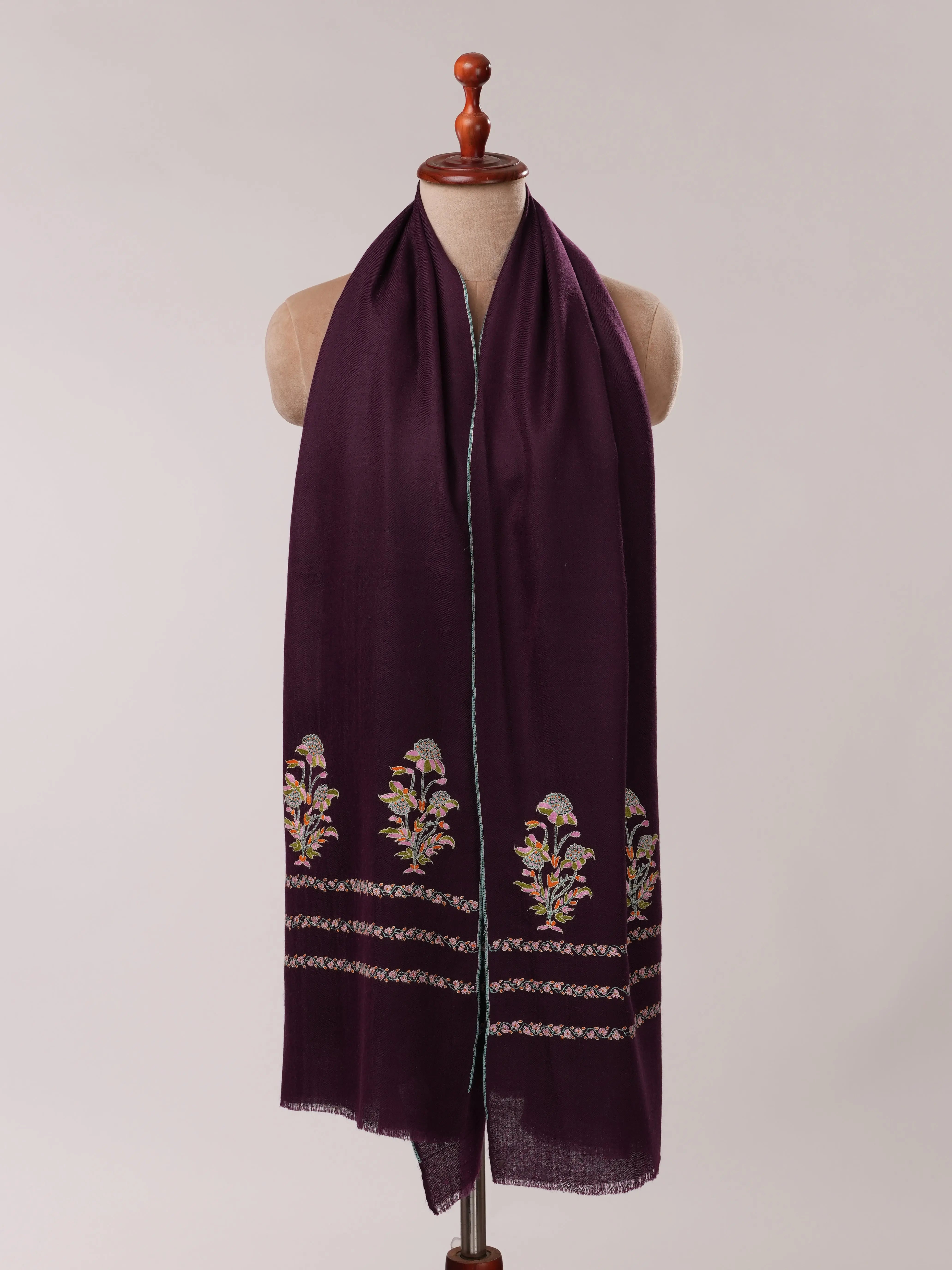 Wine Cashmere Scarf with Palla Sozni Mughal Hand Embroidery Shahkaar.com