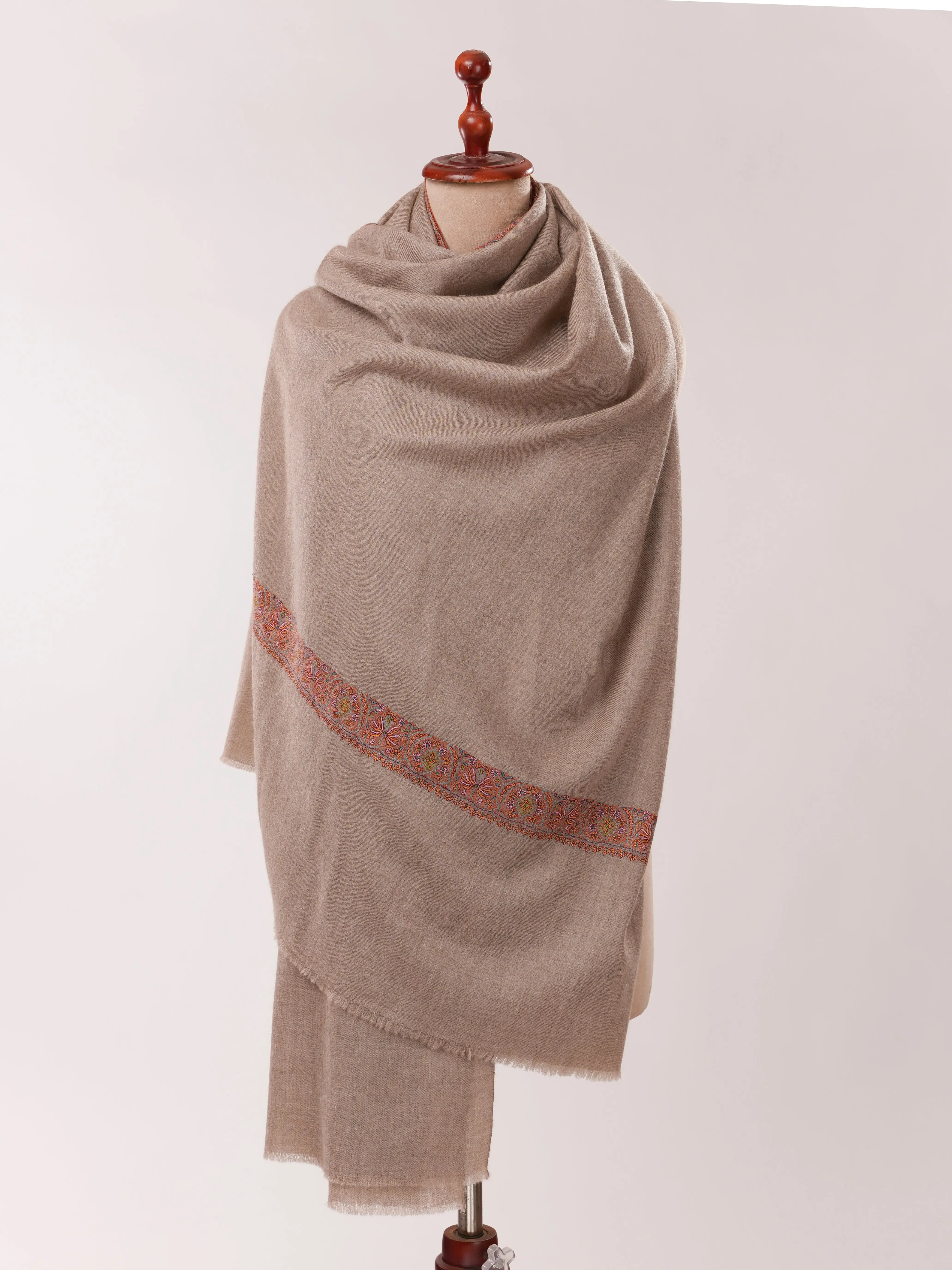 Natural Grey Pashmina Shawl with Neemdaur Border Hand Embroidery Shahkaar.com
