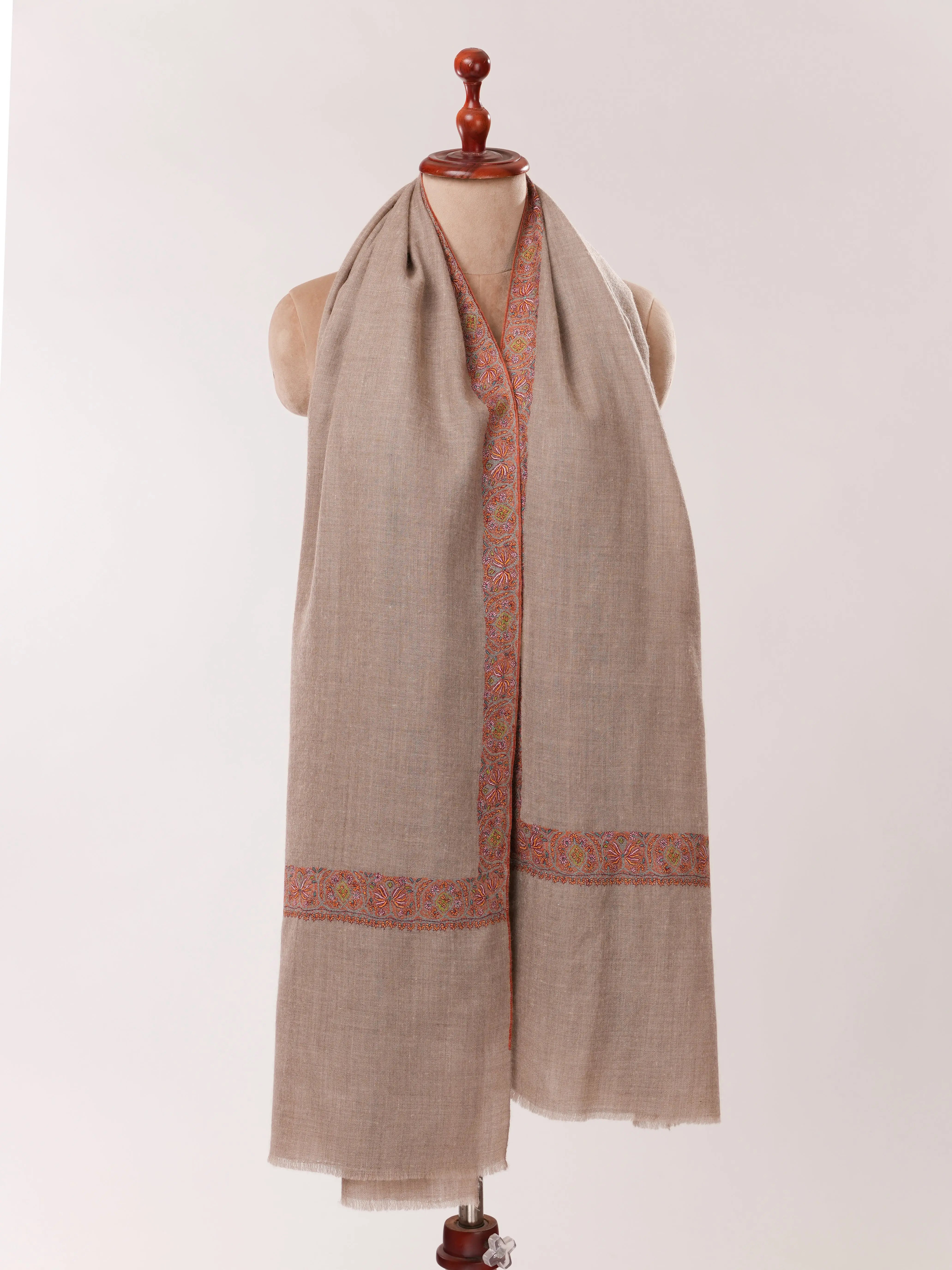 Natural Grey Pashmina Shawl with Neemdaur Border Hand Embroidery Shahkaar.com