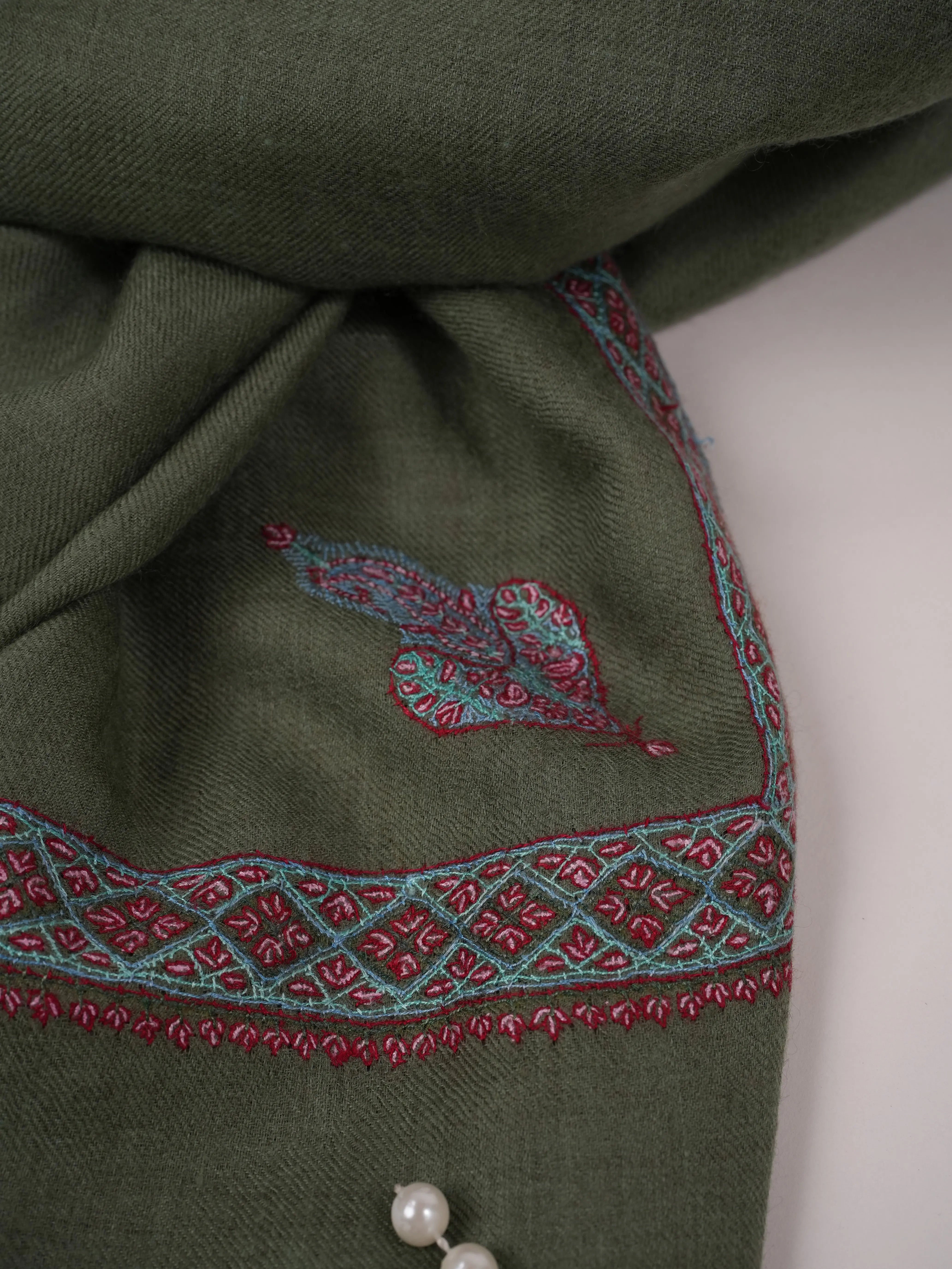 Green Handwoven Pashmina Shawl with Hashidar Hand Sozni Embroidery Shahkaar.com