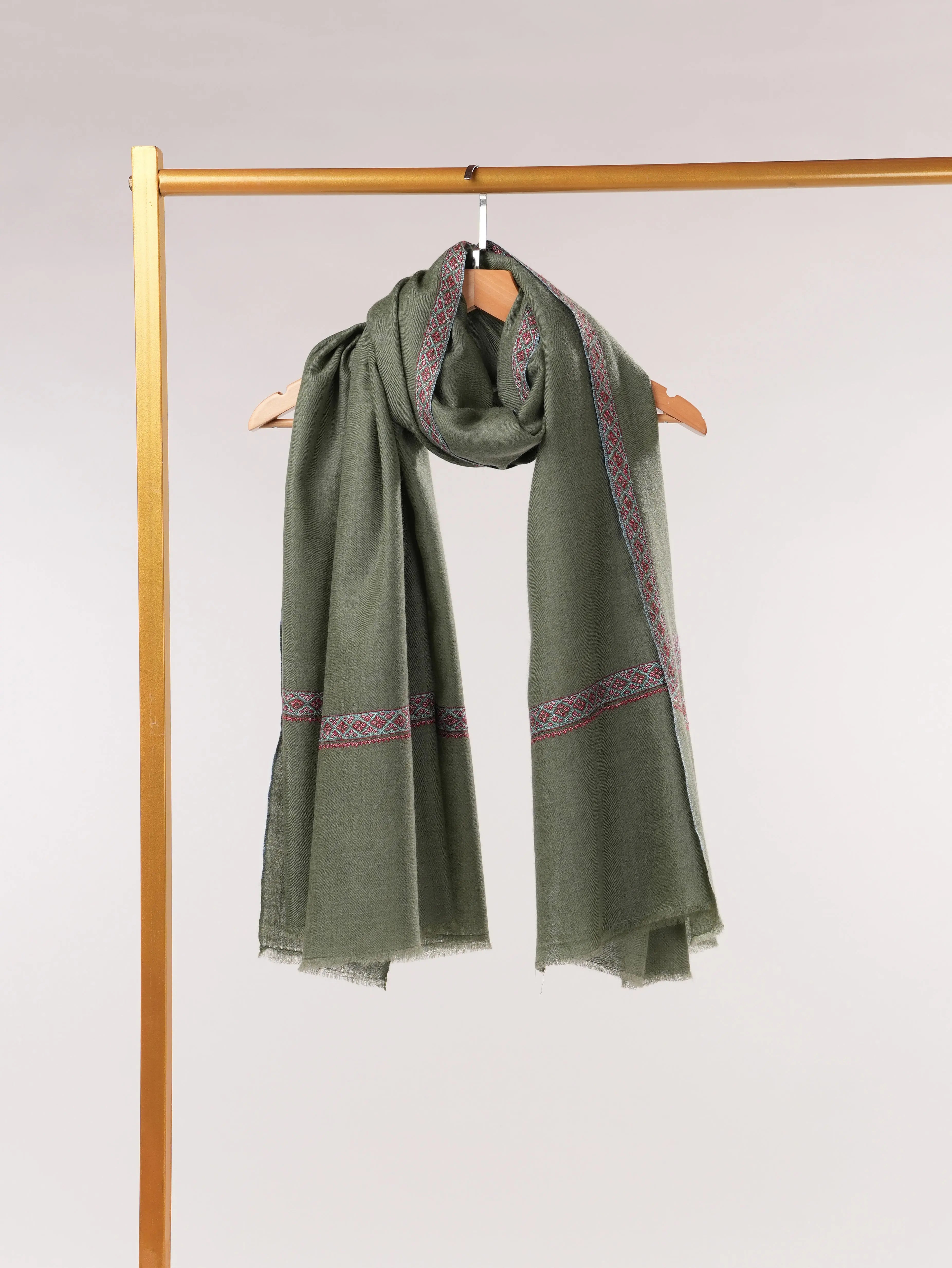 Green Handwoven Pashmina Shawl with Hashidar Hand Sozni Embroidery Shahkaar.com