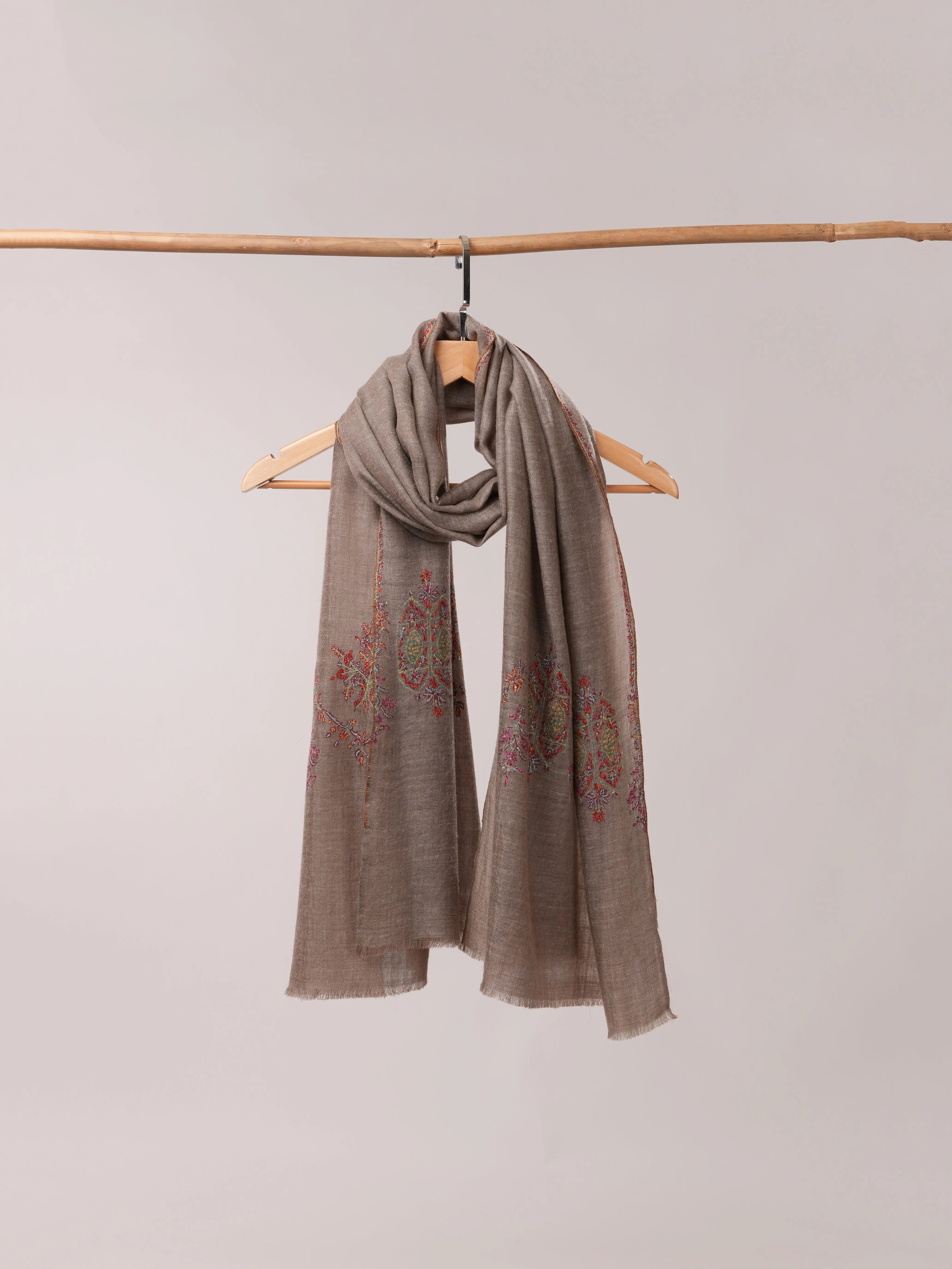 Natural Grey Pashmina Shawl with Sozni Palla Hand Embroidery Shahkaar.com