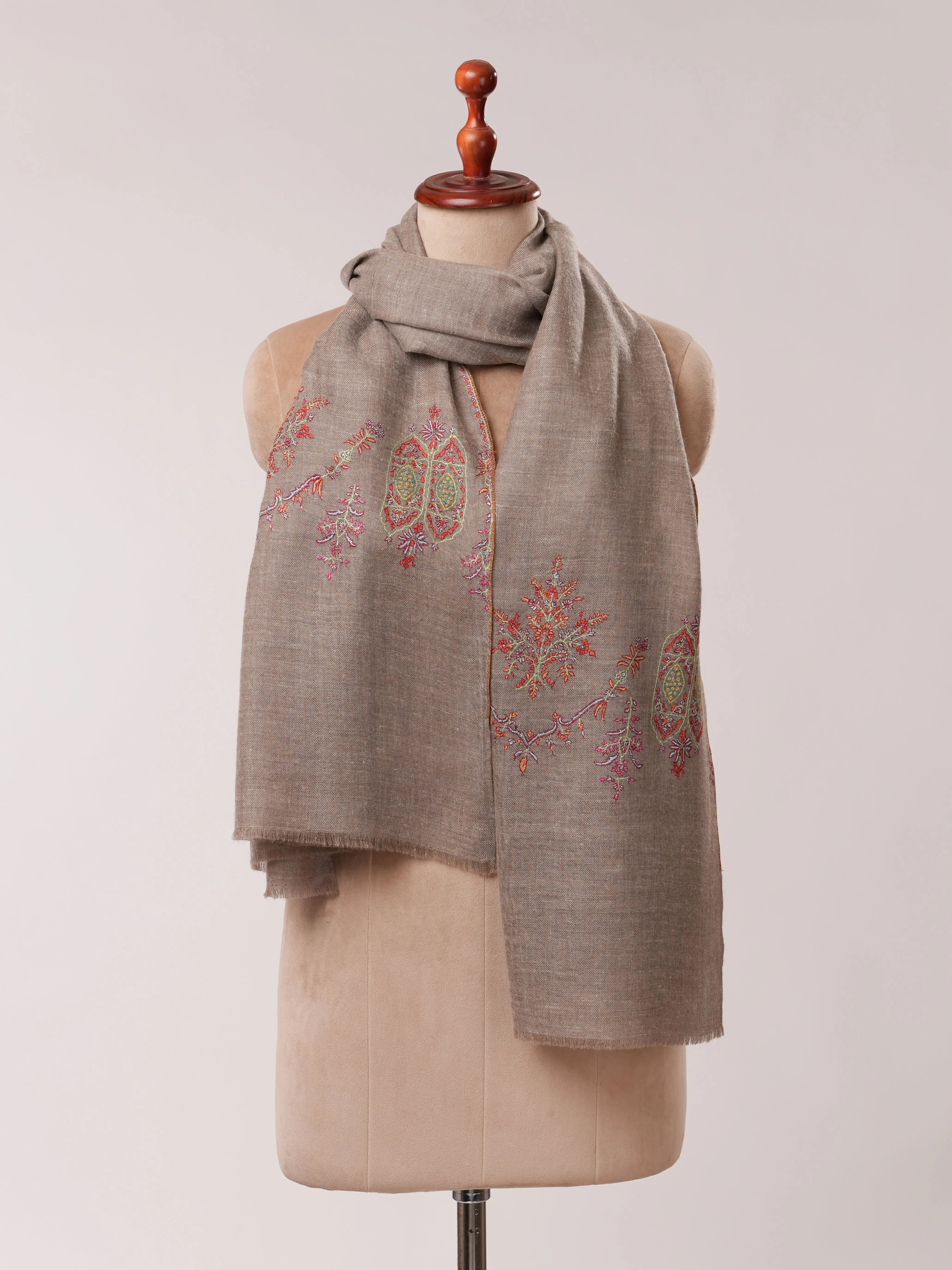 Natural Grey Pashmina Shawl with Sozni Palla Hand Embroidery Shahkaar.com