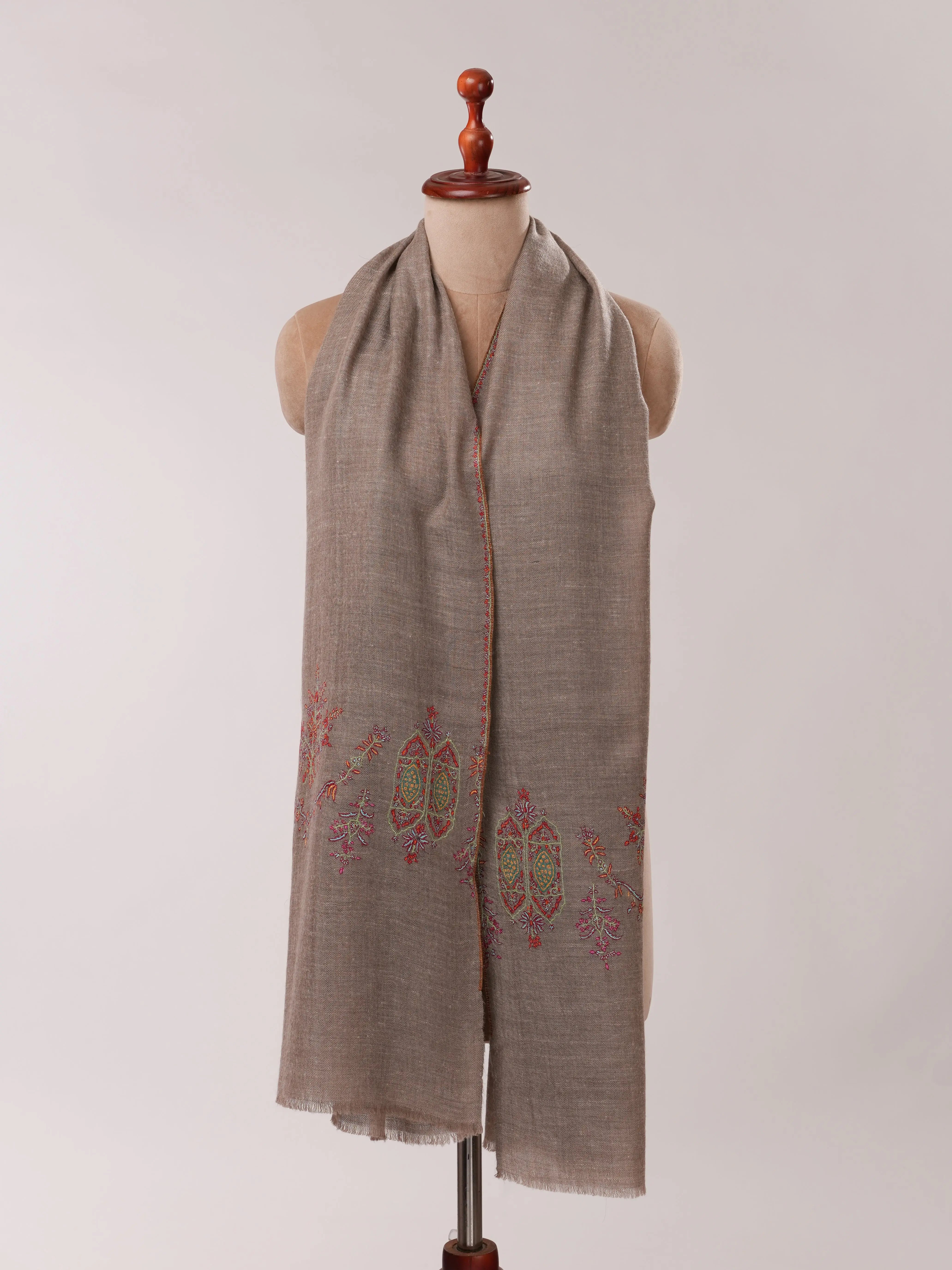 Natural Grey Pashmina Shawl with Sozni Palla Hand Embroidery Shahkaar.com